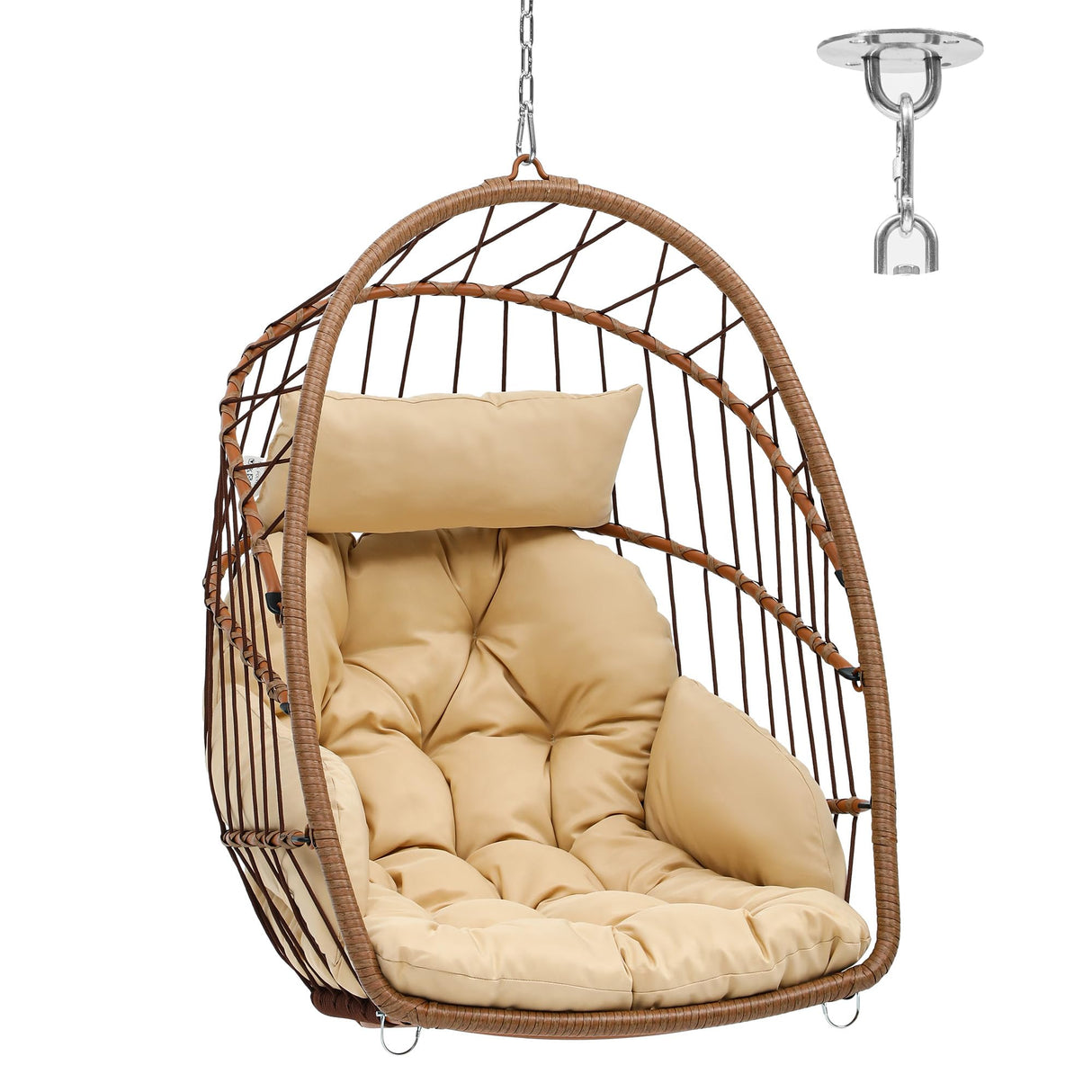 YITAHOME Hanging Egg Chair, Patio Wicker Hammock Egg Chair Basket Chair Swing with Cushion, Outdoor 330lbs Rattan Egg Outdoor Swing Chair for Balcony Garden Bedroom, Beige (Stand not Included) YITAHOME