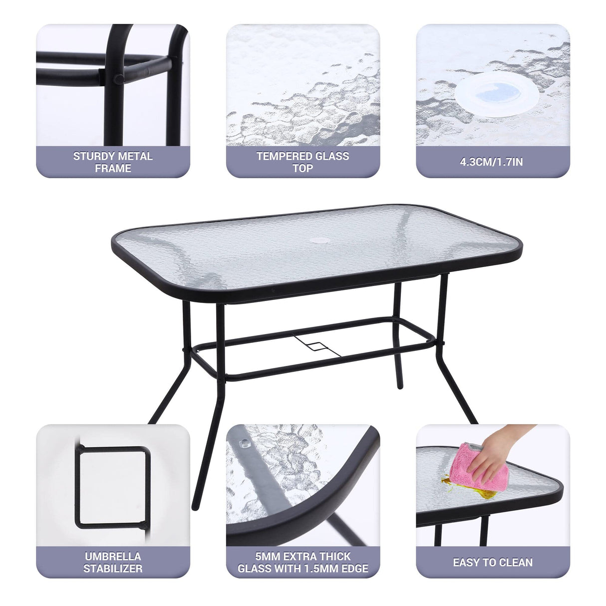 JOYTIO Folding Patio Dining Set, Garden Patio Furniture Set, 8-Piece Outdoor Dining Set with Tilted Removable Umbrella, 6 Folding Chairs, and 1 Rectangular Tempered Glass Table – Grey JOYTIO