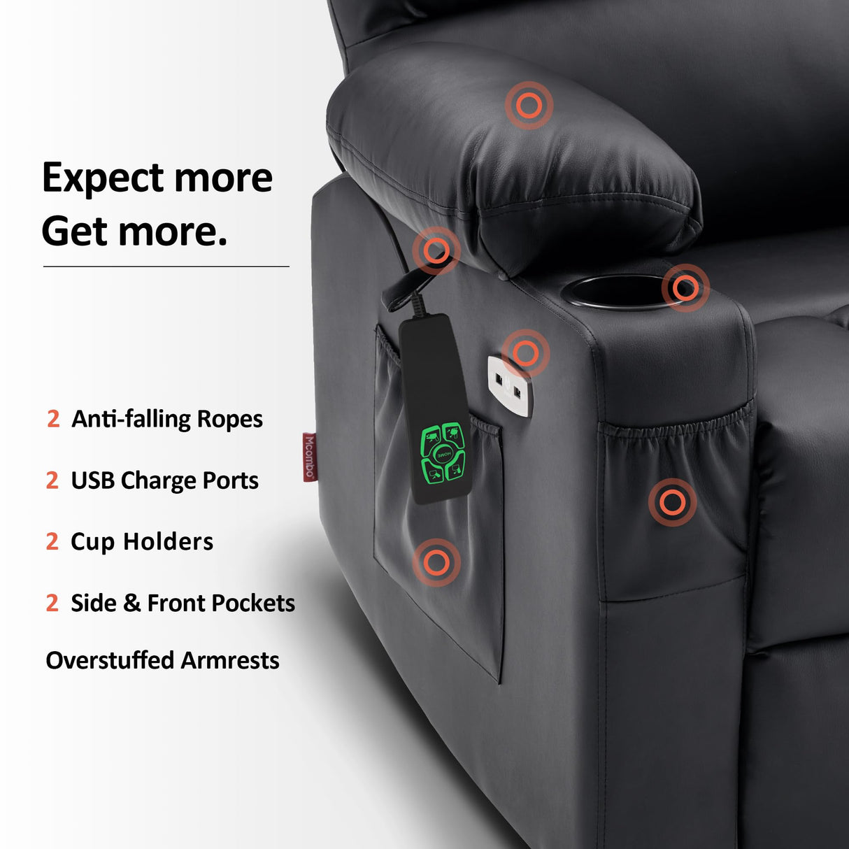 MCombo Medium Lay Flat Dual Motor Power Lift Recliner Chair Sofa with Massage and Heat for Elderly People, Infinite Position, Faux Leather 7679 (Black, Medium) MCombo