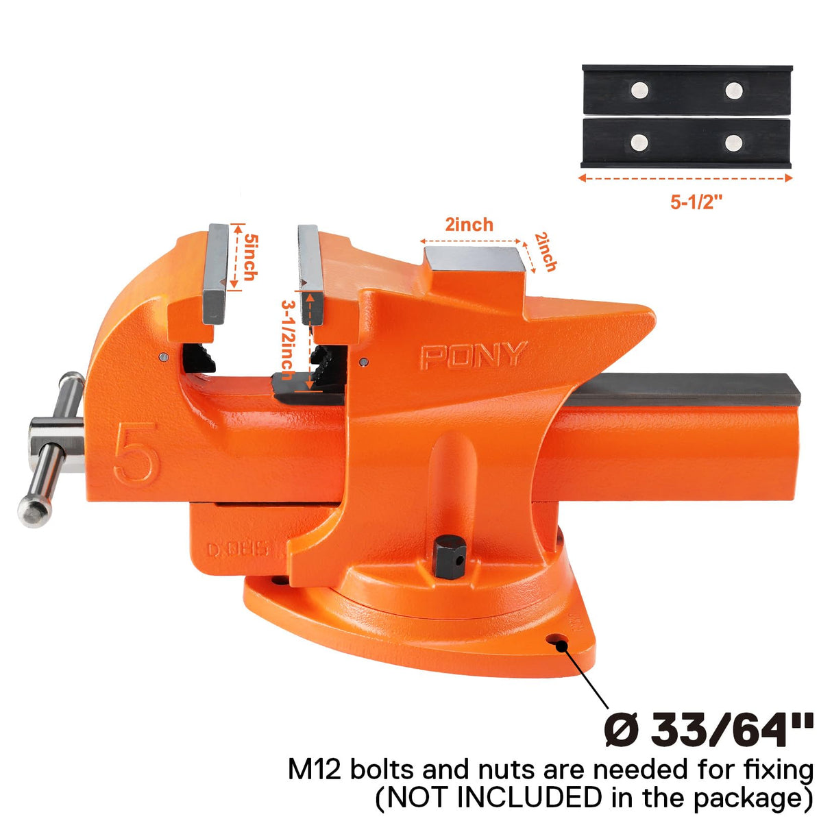 PONY Heavy Duty Bench Vise, 5-inch Jaw Width 7-inch Jaw Opening, 360-Degree Swivel Base with Anvil, Utility Combination Pipe Home Vise for Woodworking, One-Pair Vise Jaw Pad Included PONY