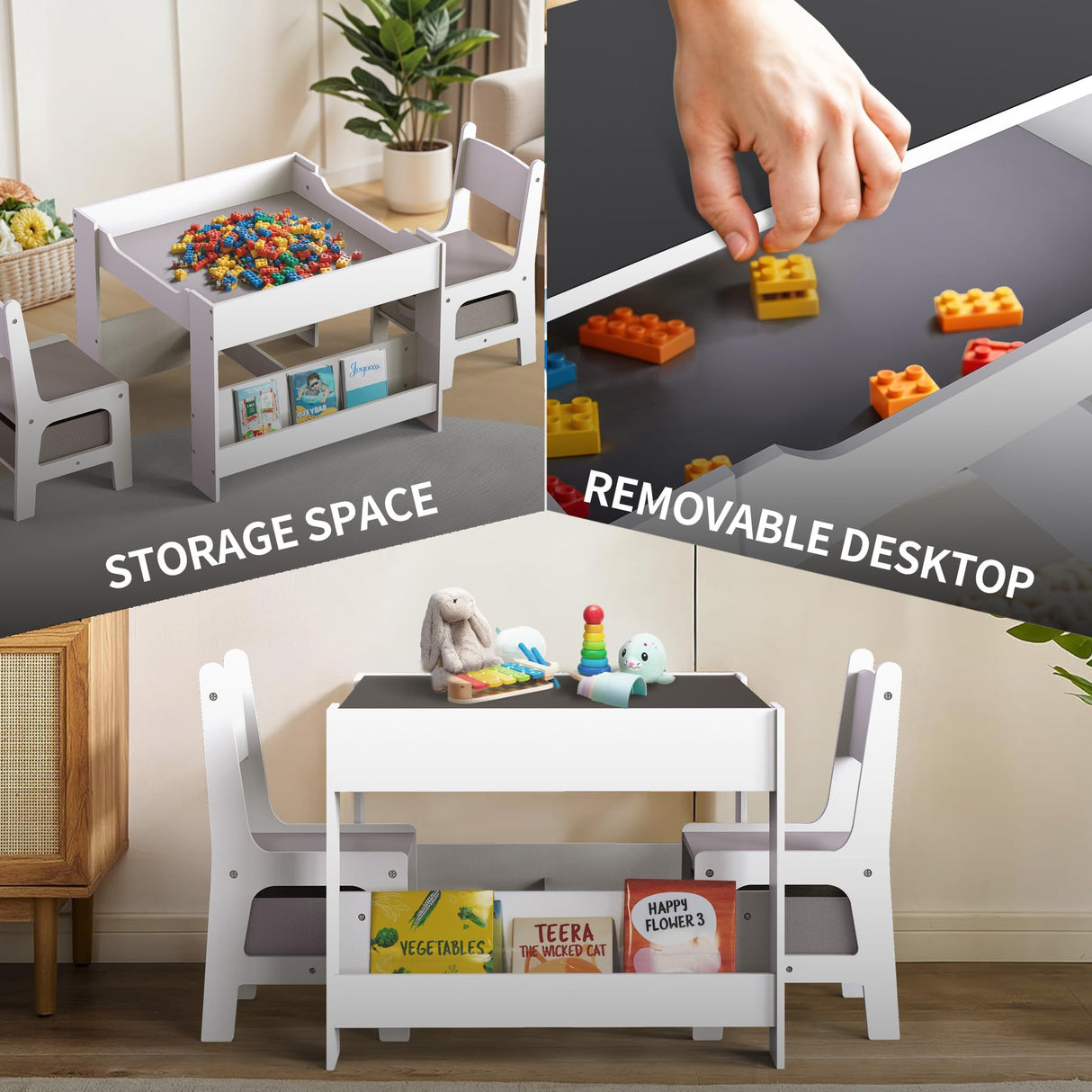 Joyooss Kids Table and Chair Set,4 in 1 Wooden Kids Table and Chairs Ages 3-7,Toddler Table with Storage Kid Desk and Chair Set for Toddlers 2 in 1 Tabletop Joyooss