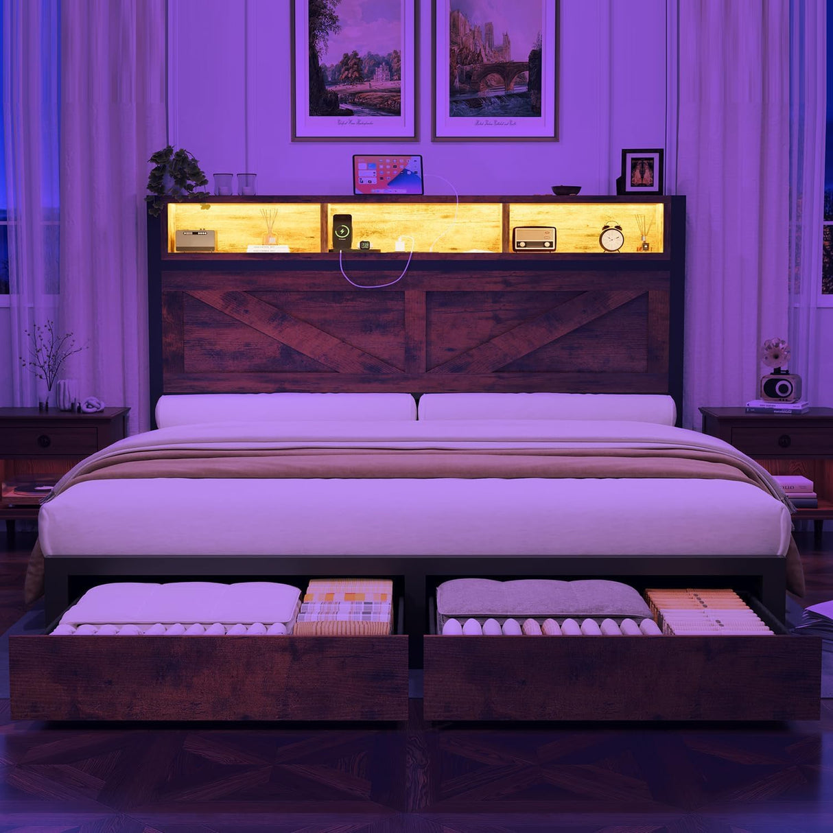 Incyneva Farmhouse Full Bed Frame with Bookcase Storage Headboard, Charging Station, LED Light and 2 Storage Drawers, Noise Free, No Box Spring Needed, Brown Incyneva