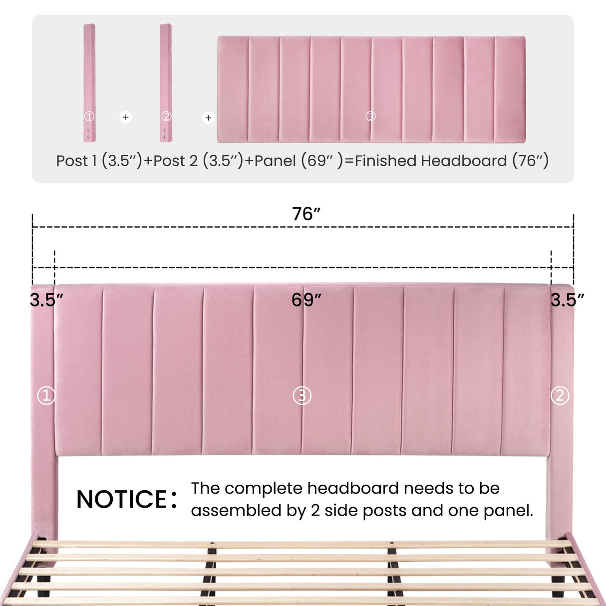 SHA CERLIN King Bed Frame/Velvet Upholstered Platform Bed Frame with Headboard/Strong Wood Slats Support/Mattress Foundation/No Box Spring Needed - Pink SHA CERLIN