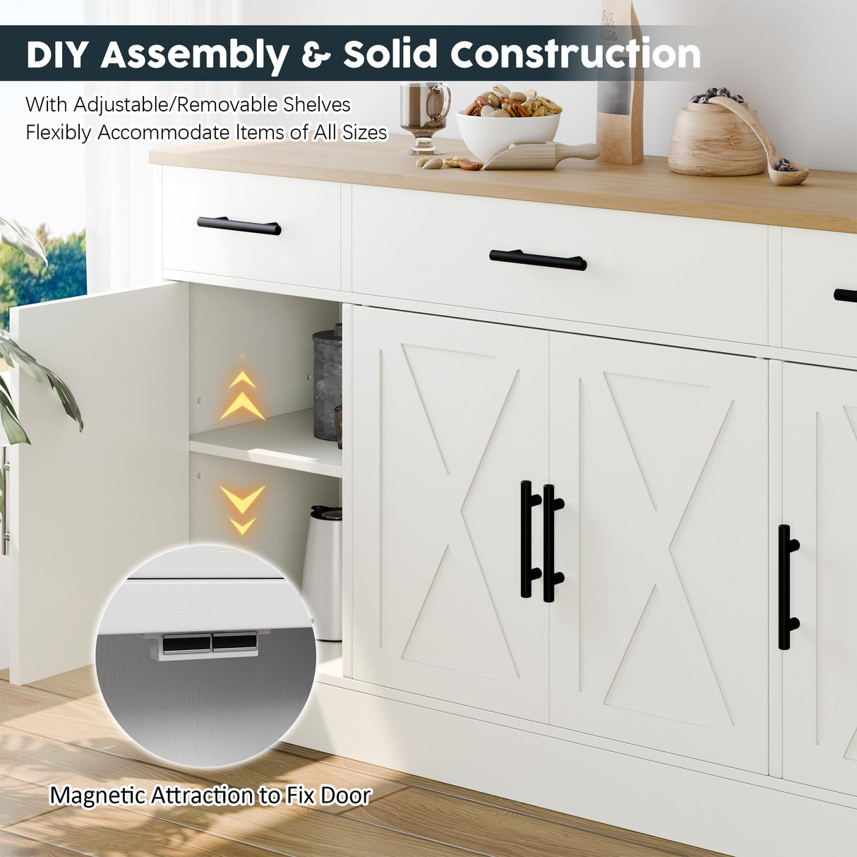 SUNLEI Buffet Cabinet with Storage, Farmhouse Storage Cabinet with 4 Doors and 3 Drawers, Coffee Bar Station Wood Buffet Table with Adjustable Shelf for Living Room, White SUNLEI