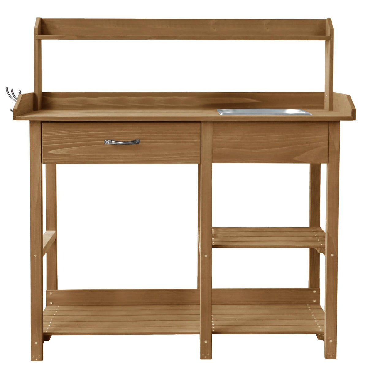Yardenaler Outdoor Wood Potting Bench, Garden Horticulture Workstation with Removable Stainless Sink, Shelves, Drawers & Hooks, Natural Wood Yardenaler