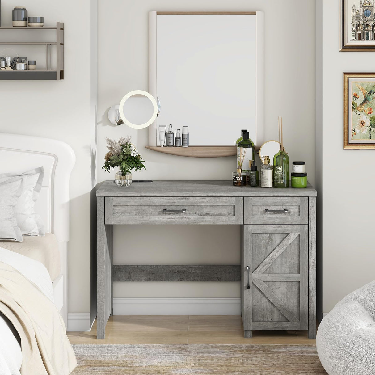 Farmhouse 47" Executive Desk, Computer Desk with Drawers and Storage Cabinet, Workstation Computer Desk for Study and Home Office, Gray Vabches