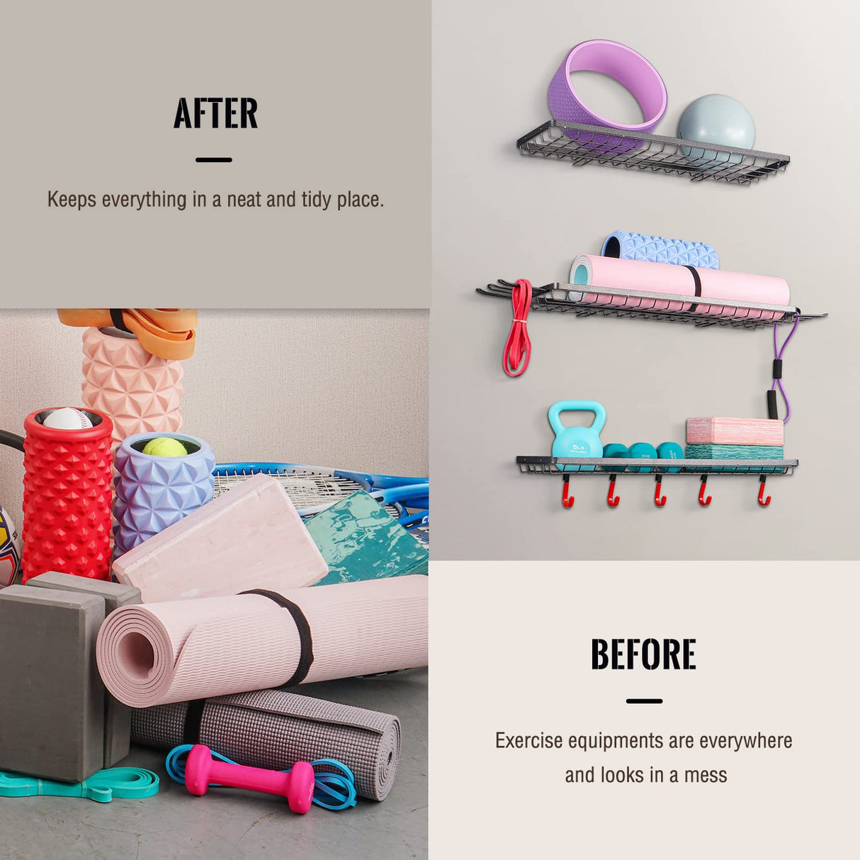 Mythinglogic Sports Equipment Storage Rack,Wall Mount Ball Storage Racks for garage, 3 Separate Ball Storage Organizer for Basketball, with Hooks Mythinglogic