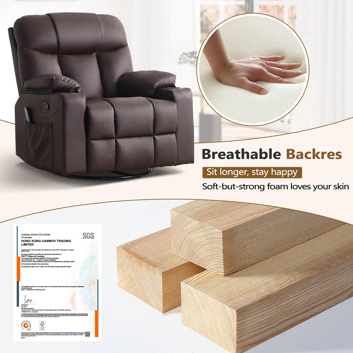 ANJ Swivel Rocker Recliner Chair, Manual PU Leather, 360° Swivel with Massage & Heat for Living Room, Brown ANJ