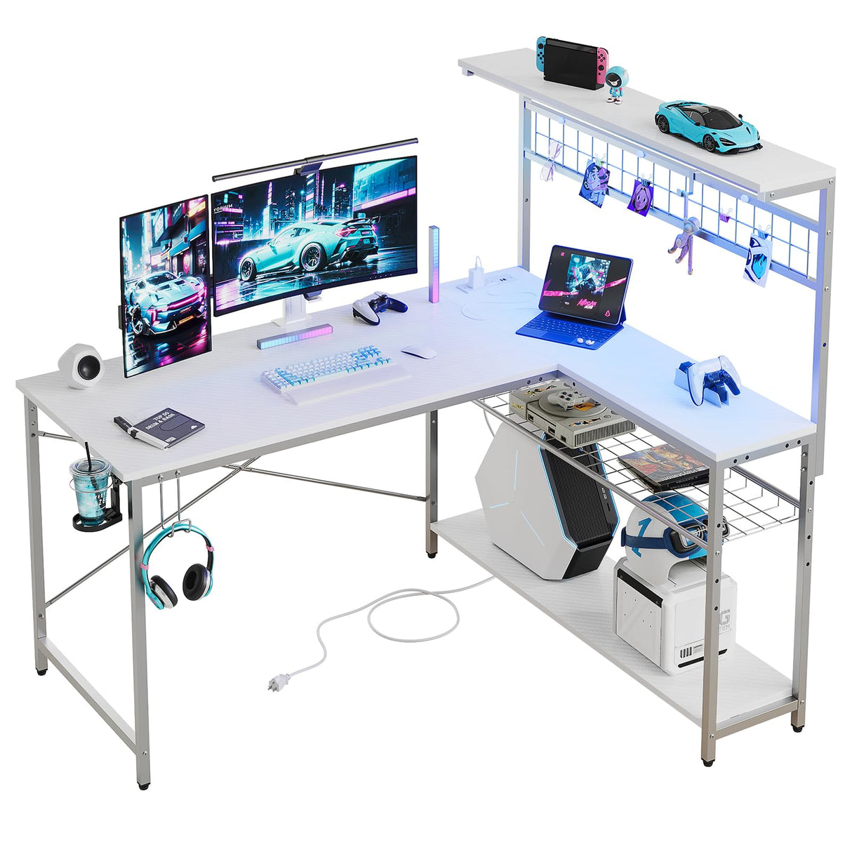 Bestier L Shaped Gaming Desk with Power Outlets, 51 inch LED Computer Desk Reversible Corner Desk with Metal Grid Pegboard and 4 Tiers Storage Shelves, Modern Writing Desk for Home Office, White Bestier