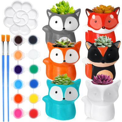 Pasimy 6 Set DIY Ceramic Succulent Planter Pots Paint Your Own Flower Pots Craft Kit Unpainted Bisque Paintable Flowerpot with Brush Palette Ready to Paint for Family Activity Gift(Fox)