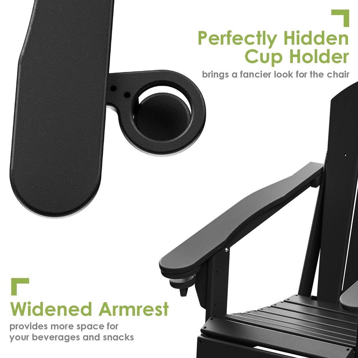 GREENVINES Folding-Adirondack-Chairs-Set-of-4 | HDPE Plastic | Fire Pit Chair | All Weather | Cup Holder | Black | for Deck Backyard Patio Outdoor Garden GREENVINES