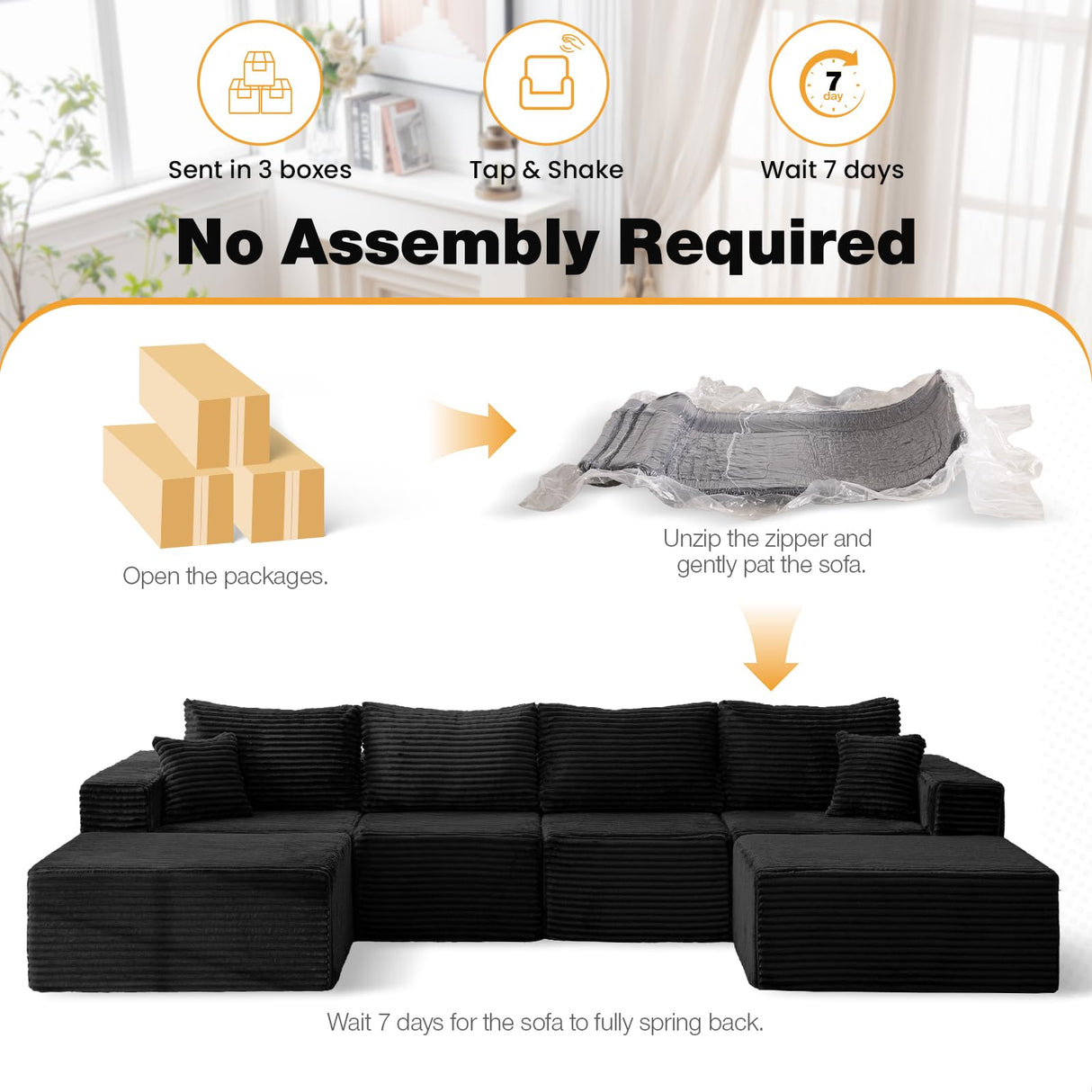 136" U Shaped Cloud Couch Sectional Modular Couch with Deep Seat, 6 Seater Corduroy Couches, Boneless Sofa with 2 Removable Ottomans, Sectional Couches for Living Room, No Assembly Required, Black MODNEST