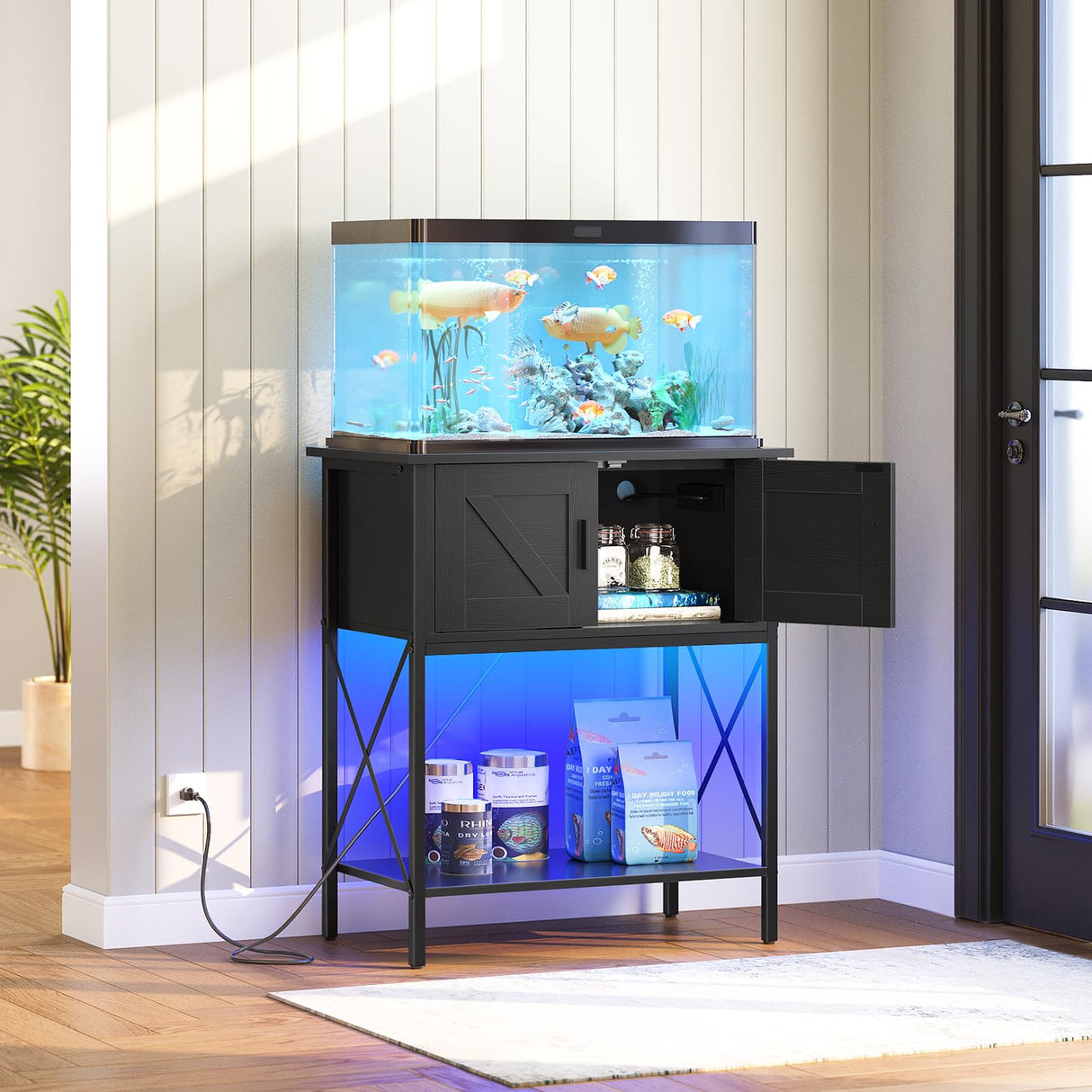 HOOBRO 20 Gallon Fish Tank Stand with Power Outlets and LED Light, Metal Frame Aquarium Stand, Reptile, Turtle Tank Stand with Cabinet Storage, 27.6'' L x 15.7'' W, 300 LBS Capacity, Black BB40UDFT01 HOOBRO