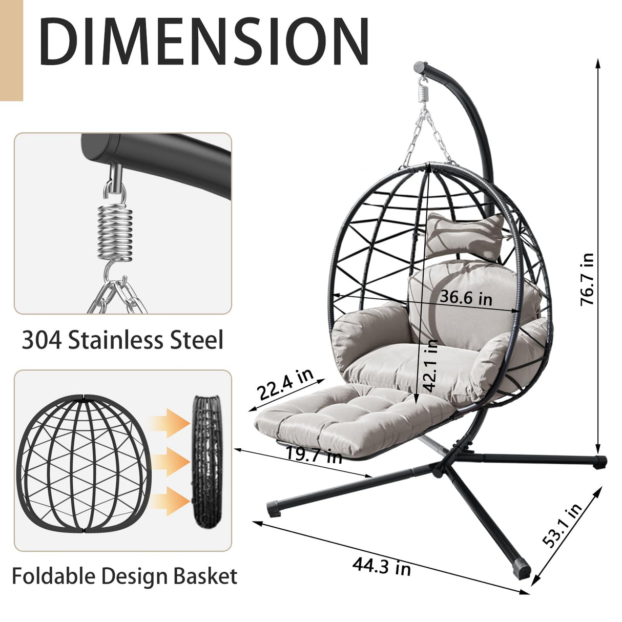 Indoor Outdoor Hanging Egg Chair with Stand & Leg Rest – Heavy-Duty Steel Frame, Handwoven Rattan Swing Chair for Patio, Garden, Bedroom – 350 lbs Capacity, Ergonomic Design (Grey) Nevsokio