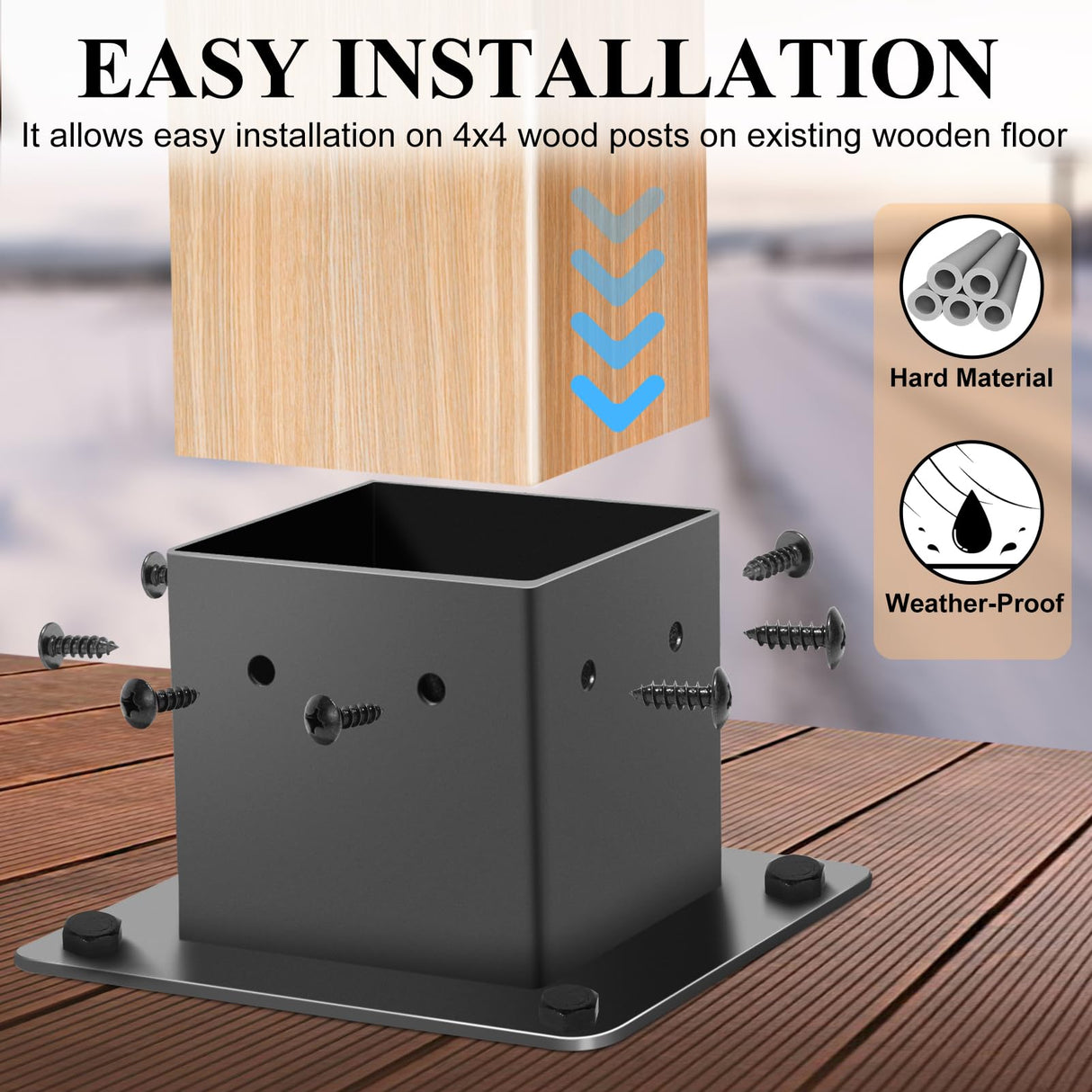 4x4 Post Base, 4Pcs Post Brackets (Inner Size 3.5"x3.5") Heavy Duty Steel Fence Post Anchor for Wood Deck Porch Railing Pergola Mailbox Support Black Powder-Coated FNXAOR