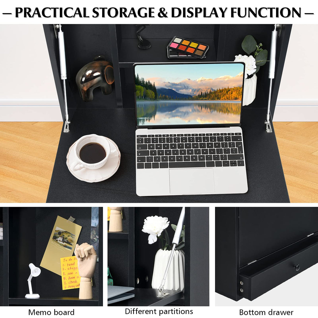 IFANNY Wall Mounted Desk, Wall Computer Desk w/Storage Drawer & Shelves, Compact Floating Desk for Wall, Space Saving Wall Desk Fold Down, Wall Desks for Small Spaces (Black) IFANNY