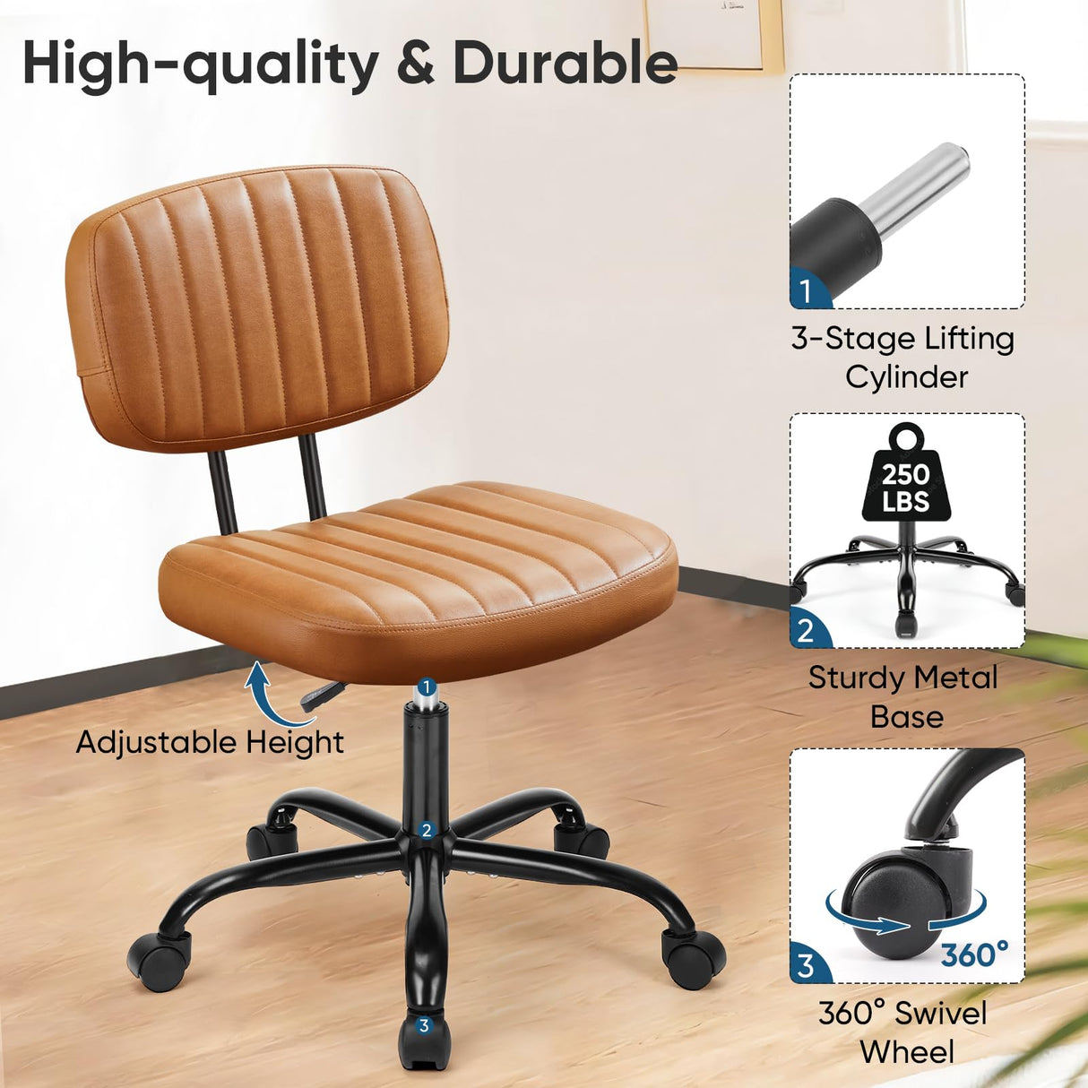DUMOS Armless Home Office Chair Ergonomic Desk with Comfy Low Back Lumbar Support, Height Adjustable PU Leather Computer Task with 360° Swivel Wheels, for Small Space, Kids and Adults, Brown DUMOS