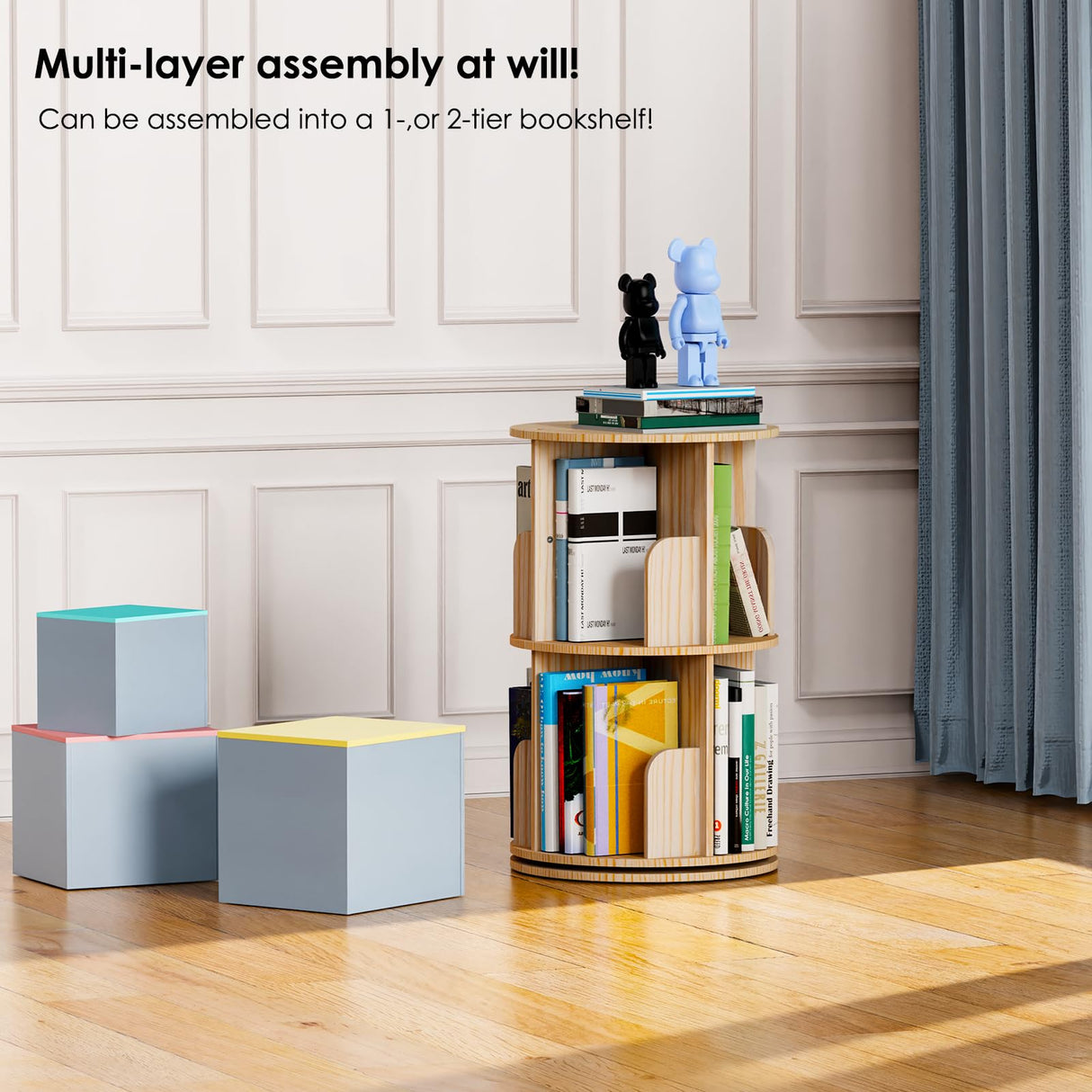Kinembold Small Rotating Bookshelf, 2 Tier Revolving Bookcase 360 Display Round Spinning Bookshelf Narrow Swivel Corner Book Shelf Standing Bookcase for Kids Bedroom, Living Room Kinembold