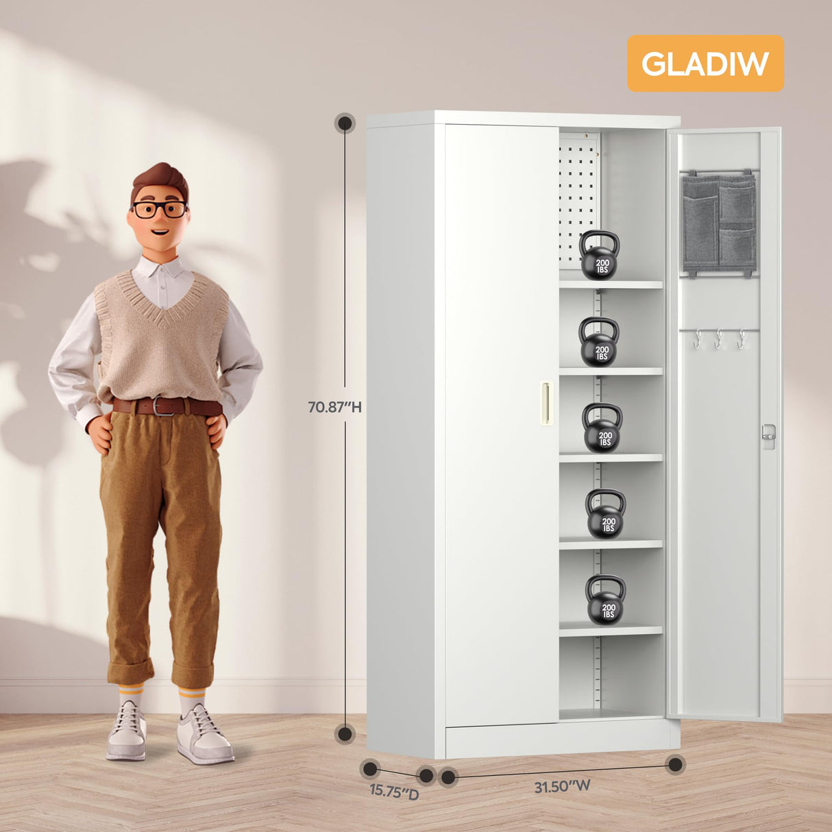 GLADIW Garage Storage Cabinet, Metal Storage Cabinet with Lockable Doors and 5 Adjustable Shelves, Tool Cabinet with Pegboard for Garages, Offices and Tool Rooms, Gray GLADIW