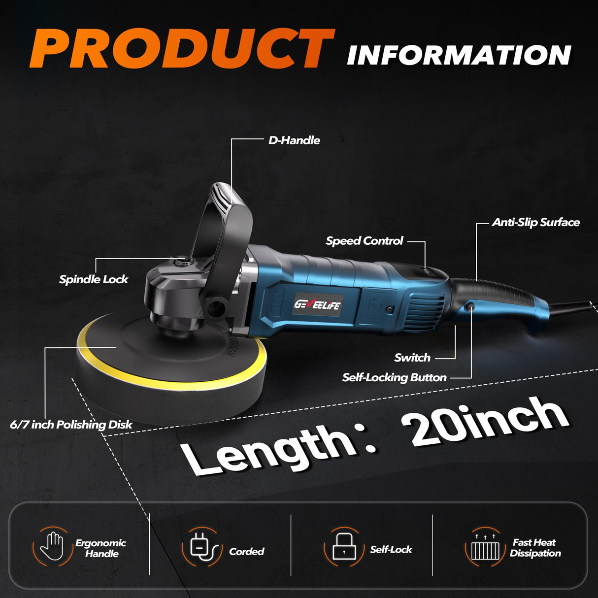 GEVEELIFE Buffer Polisher, 6 Inch/7 Inch 1600W Rotary Car Buffer Polisher Waxer, 7 Variable Speed 1000-3500 RPM, Detachable Handle for Car, Boat Sanding, Polishing, Waxing GEVEELIFE