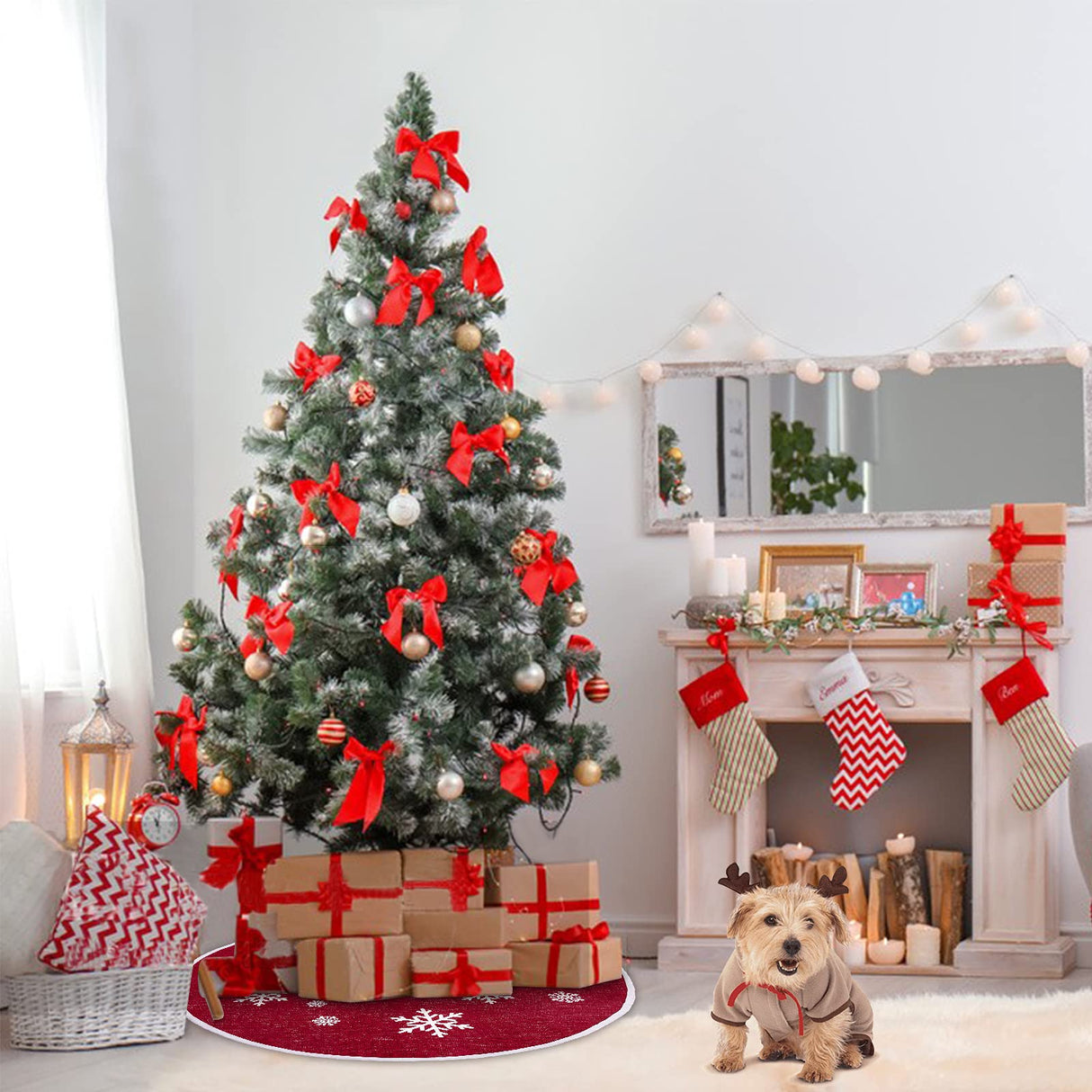 MACTING Christmas Burlap Tree Skirt, 30 Inch Red Countryside Tree Skirt with White Snowflake Printed, Small Rustic Tree Mat for Home Party Holiday Winter Indoor Xmas Decorations MACTING