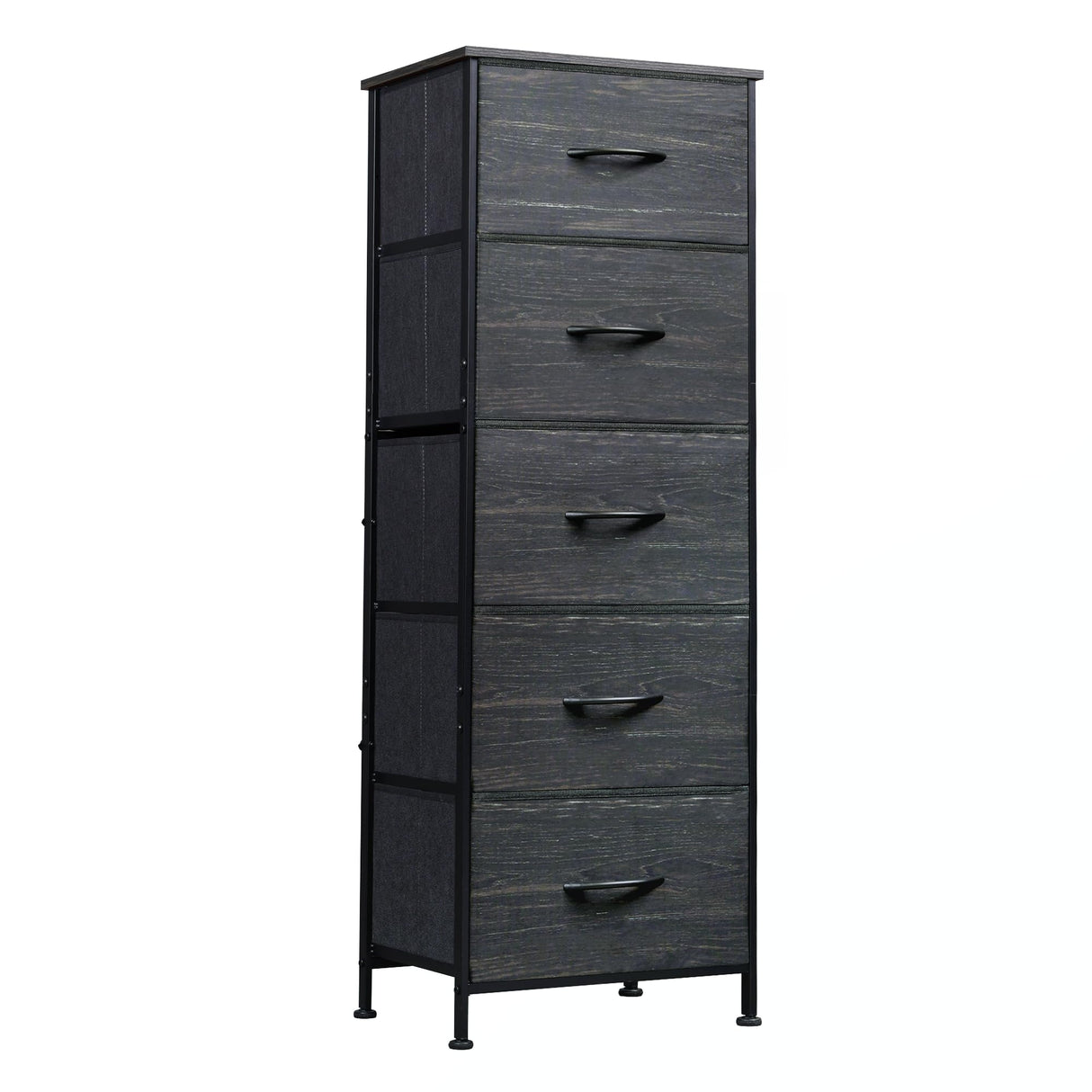 WLIVE Fabric Dresser, 5-Drawer Tall Dressers for Bedroom, Storage Dresser Organizer with Wood Top, Sturdy Steel Frame, Chest of Drawers for Closet, Hallway, Charcoal Black Wood Grain Print WLIVE