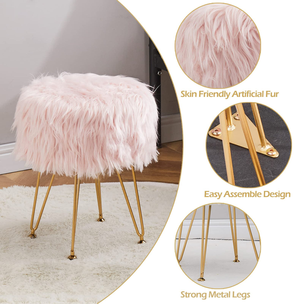 Mxfurhawa Faux Fur Storage Ottoman Round Furry Vanity Stool Marble Grain Tray Coffee Table Compact Footrest Stool with 4 Metal Legs Soft Makeup Seat Foot Stools for Living Room Bedroom Entryway Pink Mxfurhawa