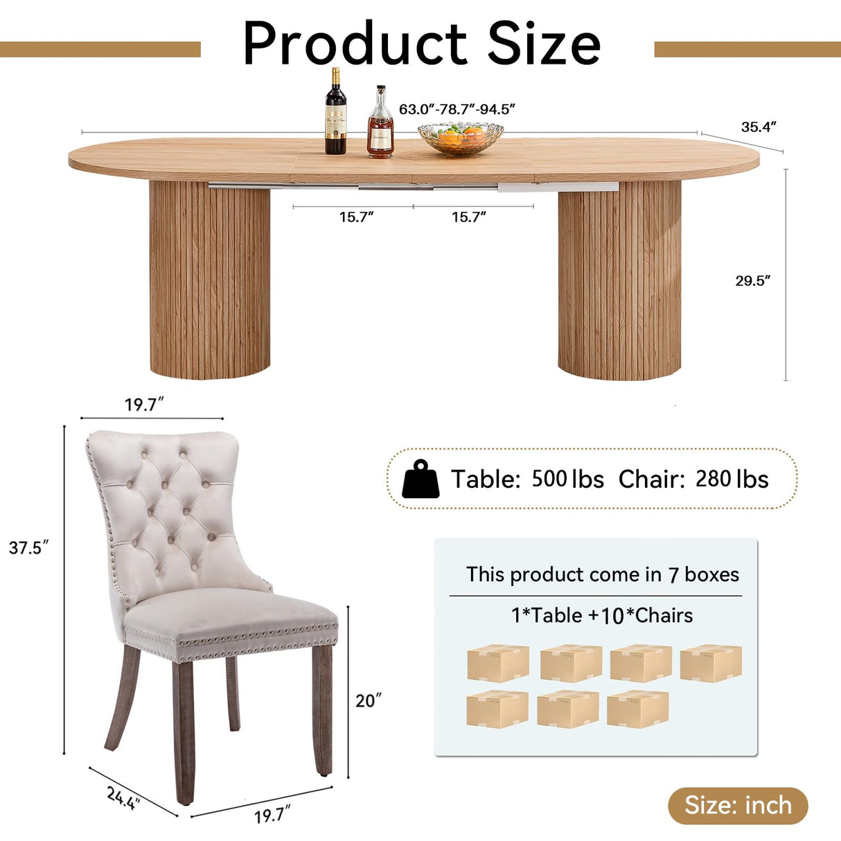 63"-94" Large Extendable Dining Room Table Set for 10, 11-Piece Oval Dining Table Set with 10 Beige Upholstered Chairs, Space Saving Farmhouse Expandable Kitchen Table Set with Fluted Wood Base Pvillez