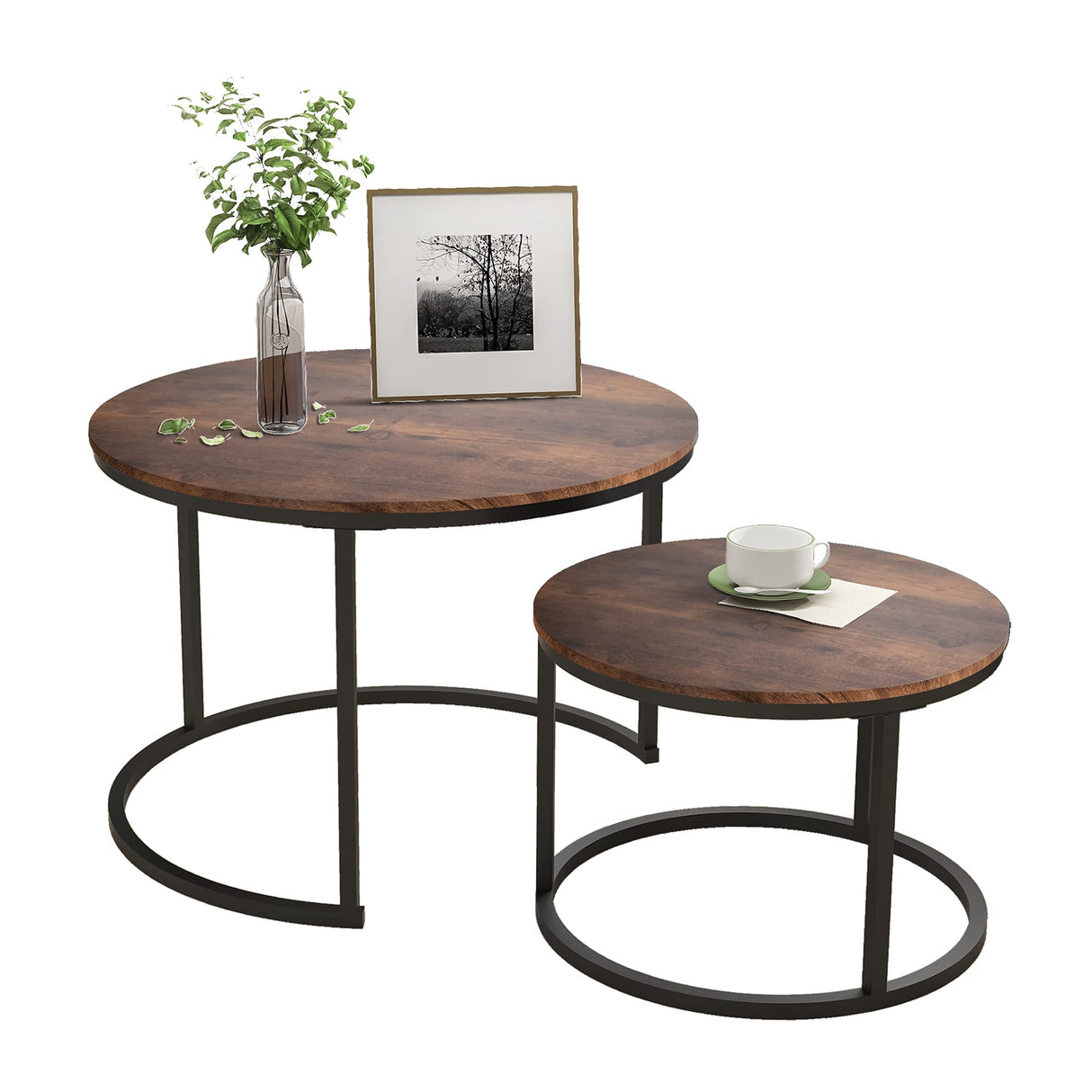 HOJINLINERO Industrial Round Coffee Table Set of 2 End Table for Living Room,Stacking Side Tables, Sturdy and Easy Assembly,Wood Look Accent Furniture with Metal Frame,Black+Rustic Brown HOJINLINERO