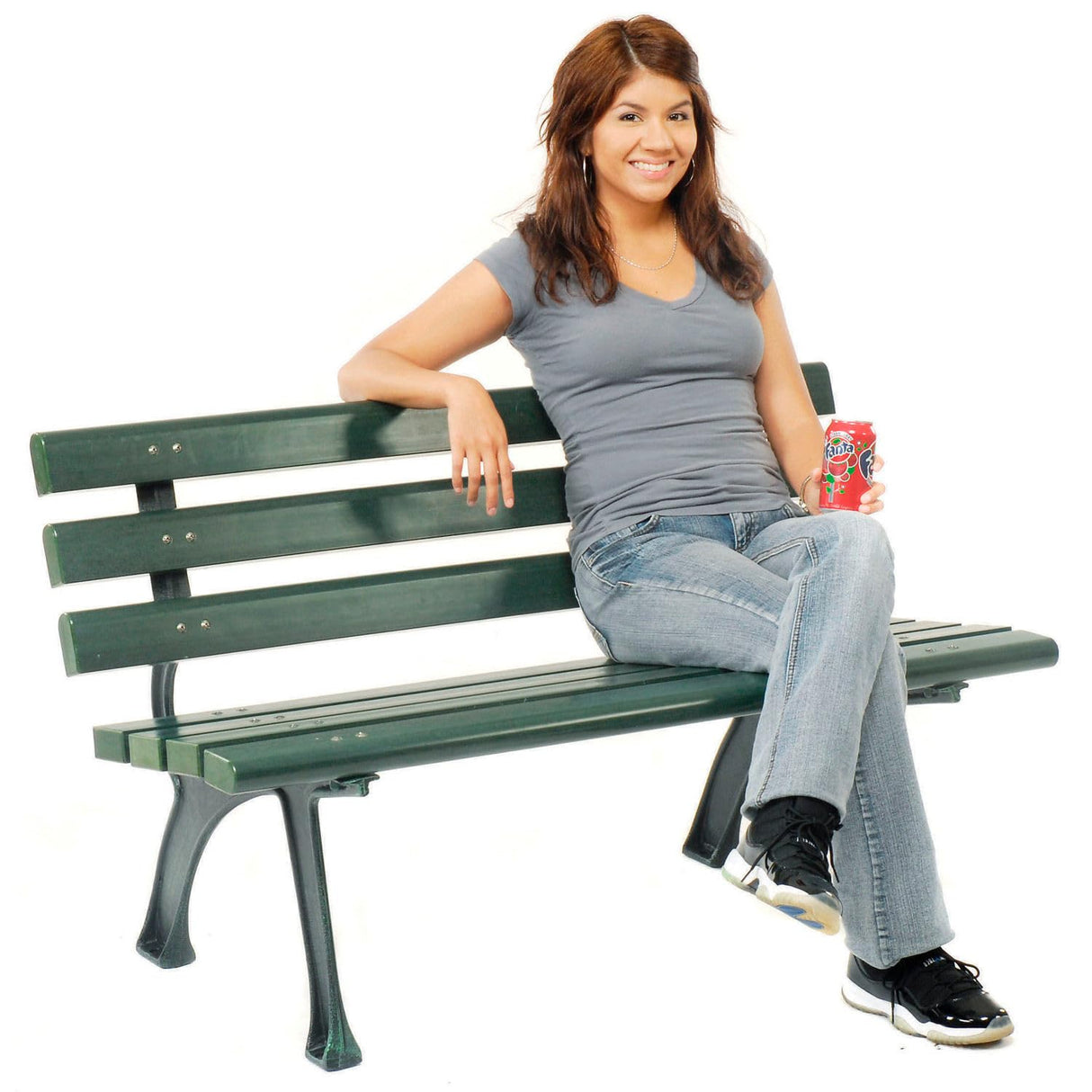 Global Industrial 4'L Outdoor Park Bench with Backrest, Recylced Plastic Slats, Wrought Iron Frame, 1100 lbs Capacity, Green, Surface Mount, Easy Assembly Global Industrial