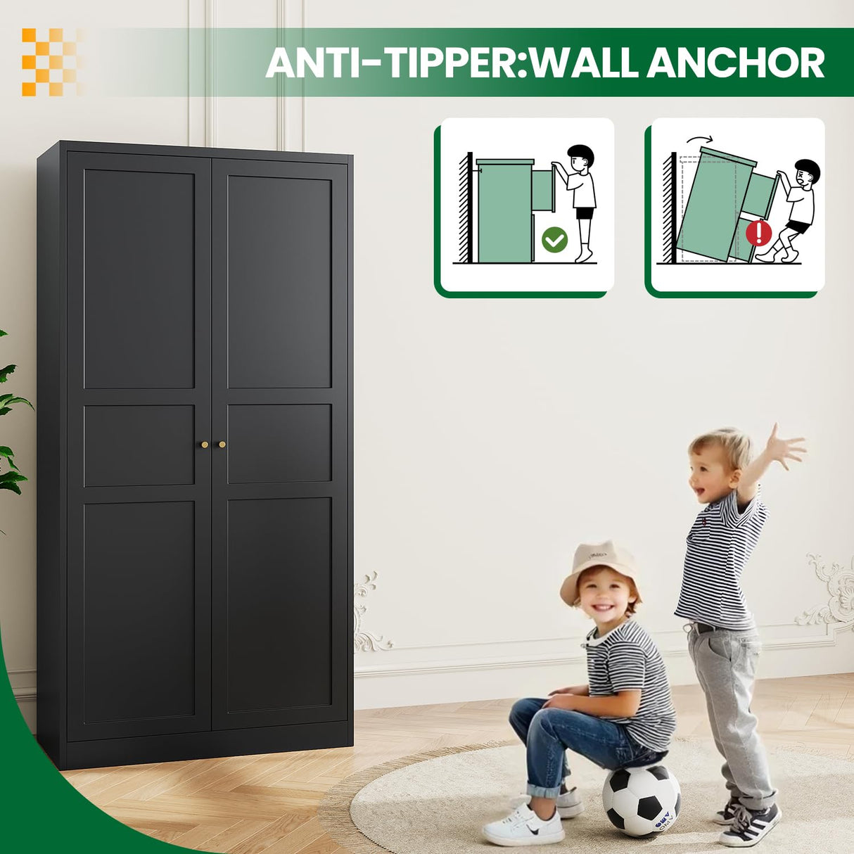 LISSIMO Metal Wardrobe Closet Cabinet,Armoire Wardrobe Closets Storage Cabinets with Doors and Shelves for Laundry Room,Bedroom,Home Office,Bathroom(Black LISSIMO