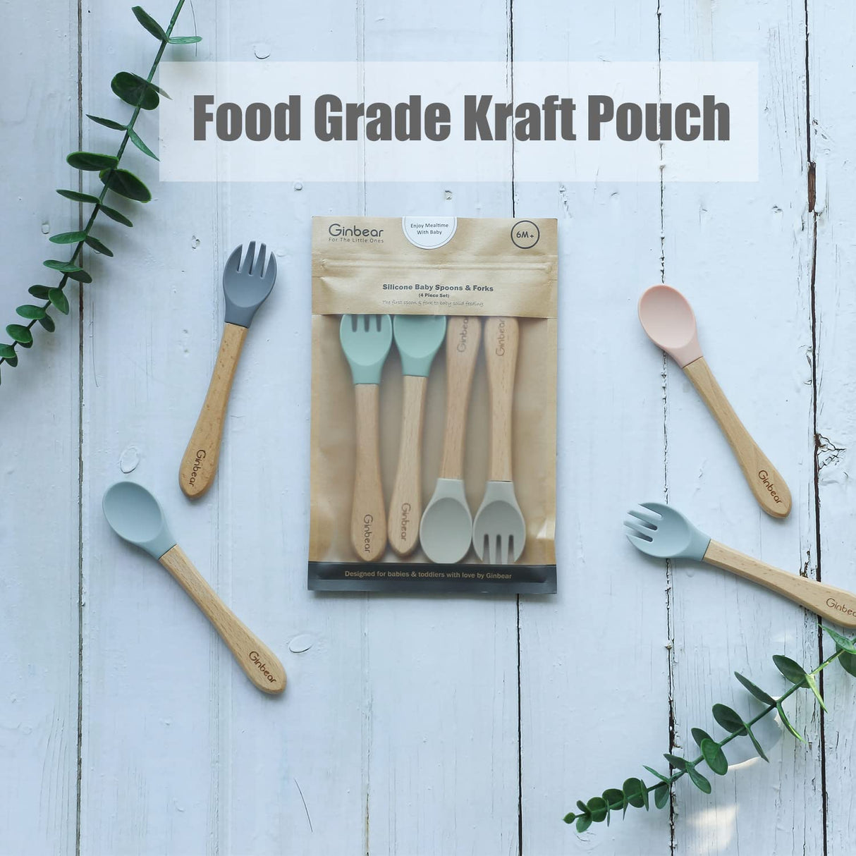 Ginbear Silicone Baby Spoon and Fork Set Self-feeding, Baby Flatware Sets, Toddler Feeding Utensils for Child 6 Months+ (Hazy Green/Almond) Ginbear