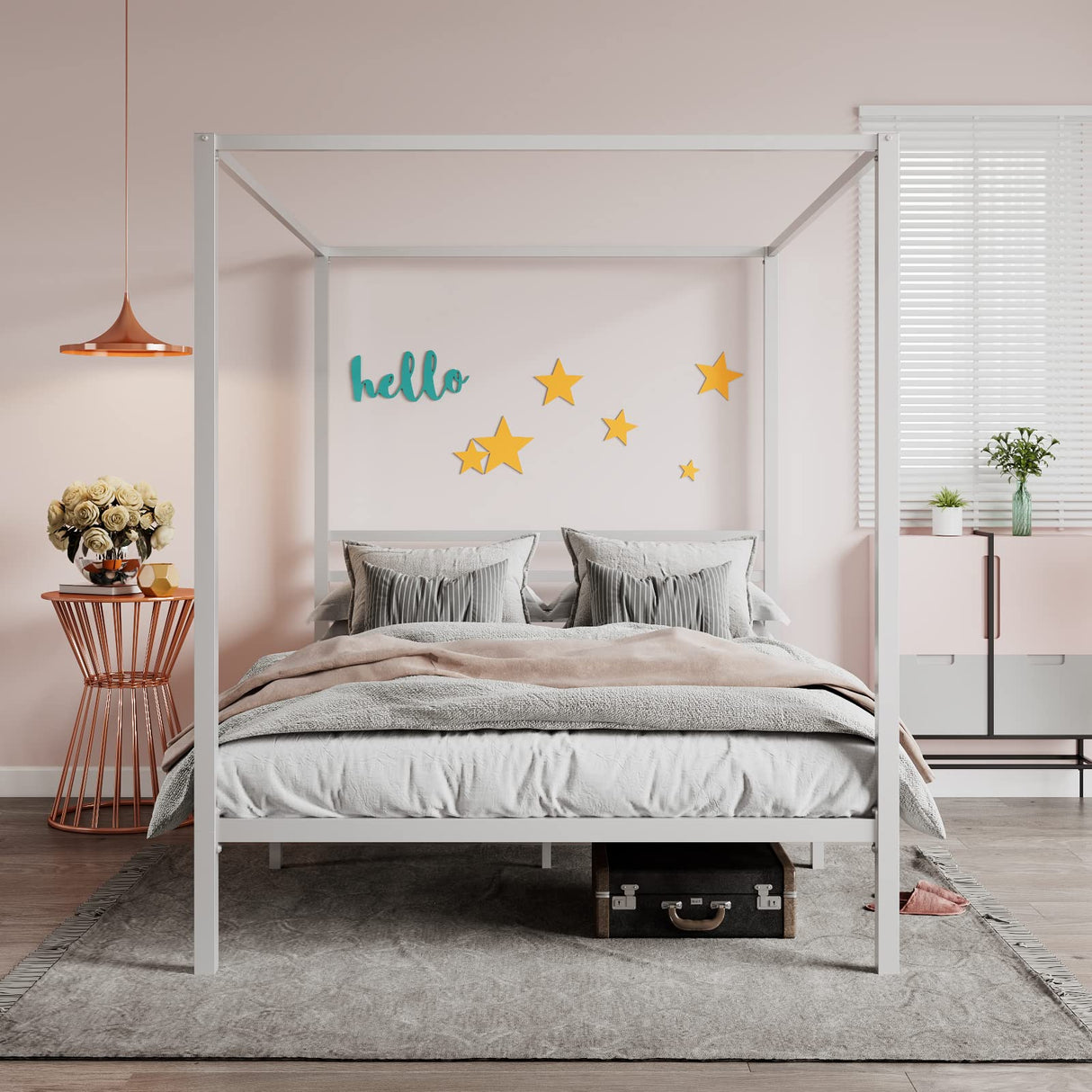 Queen Size Metal Canopy Bed Frame by SHA CERLIN - Sturdy, No Box Spring Needed, Easy Assembly, Customisable Design in White SHA CERLIN
