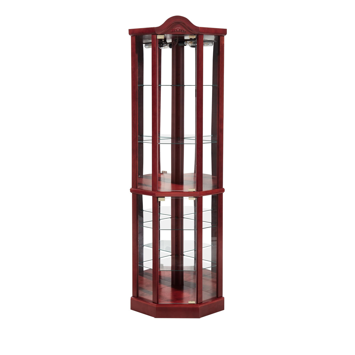 Rpuzonier Lighted Wooden Corner Display Curio Cabinet, Curved Shelving Unit Lighted Corner Display with Adjustable Shelves&Mirrored Back Panel, Tempered Glass Doors for Bedroom, Living Room (Cherry1) Rpuzonier