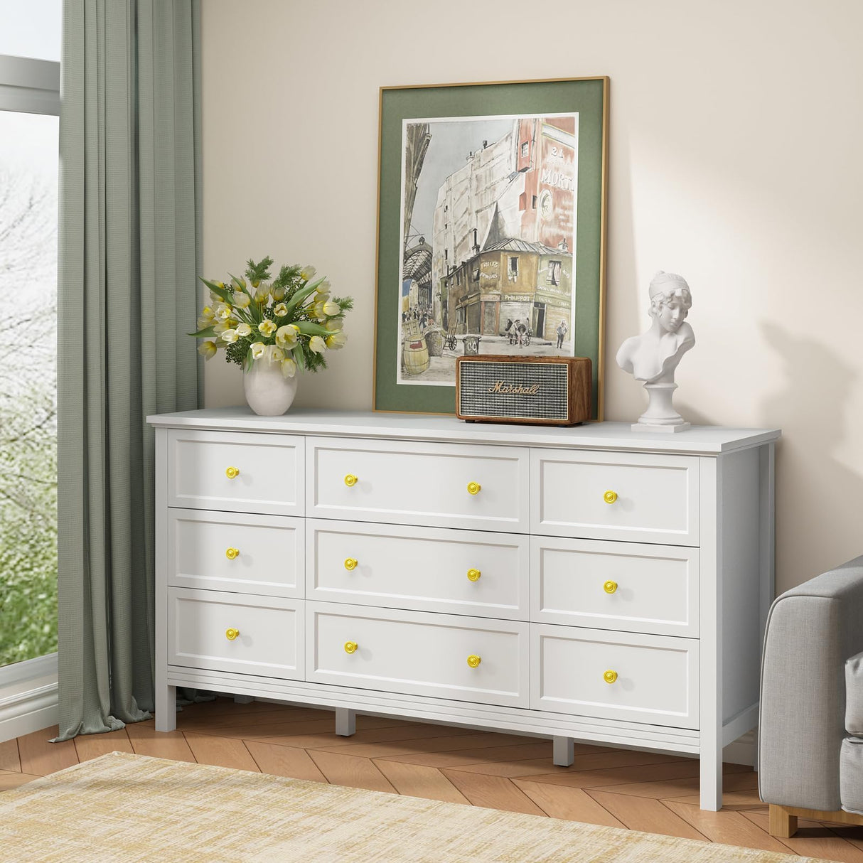 CARPETNAL 9 Drawer White Dresser for Bedroom with Deep Drawers, Large Dressers & Chest of Drawers With Gold Handle, Modern Long Dressers for Closet Bedroom, Living Room (59.25" W x 15.75" D x 30.9" H) CARPETNAL