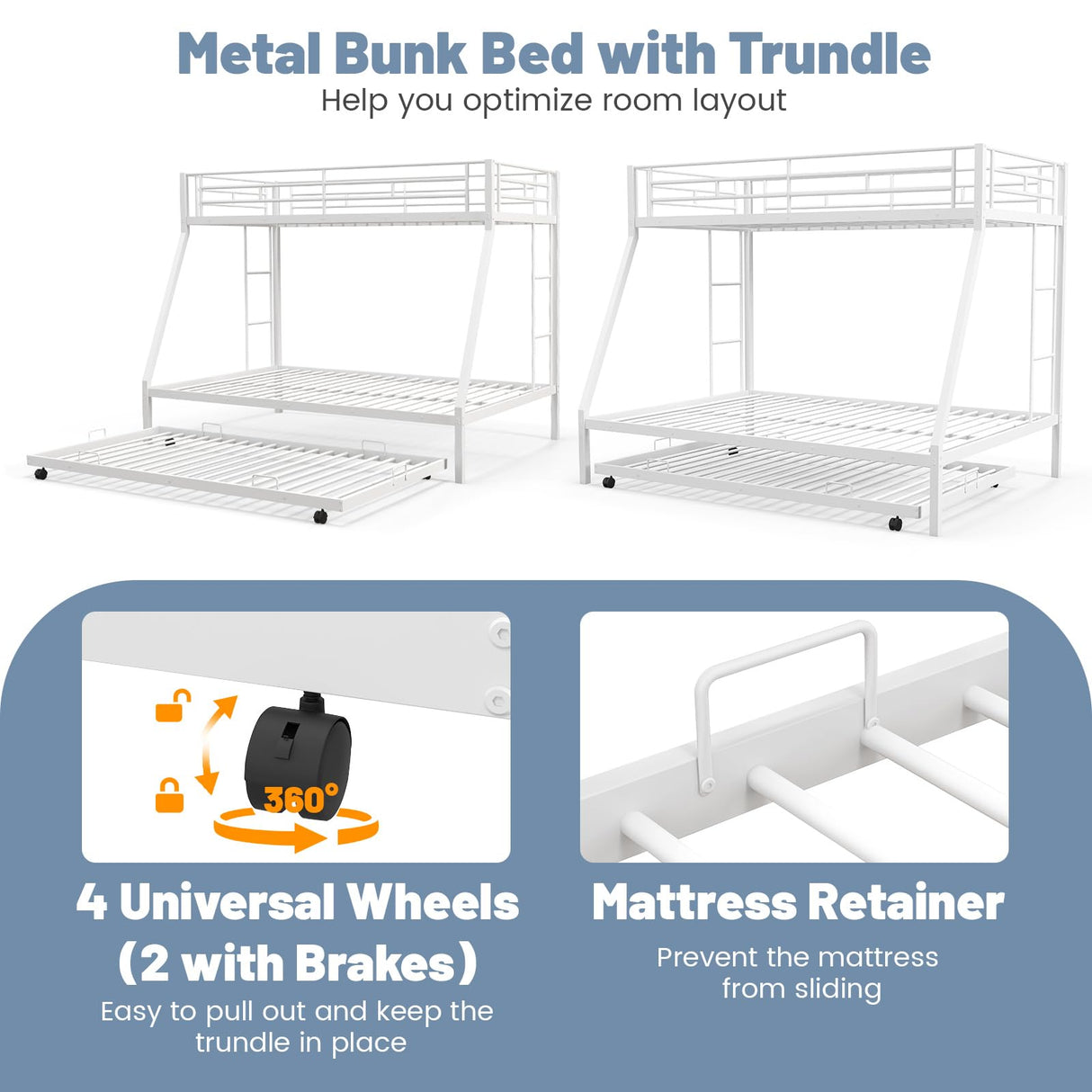 KOMFOTT Twin Over Full Bunk Bed with Trundle, Heavy-Duty Metal Bunk Bed Frame with Guardrail & 2 Ladders, Space-Saving Bunk Bed for Kids/Teens/Adults, No Box Spring Needed KOMFOTT