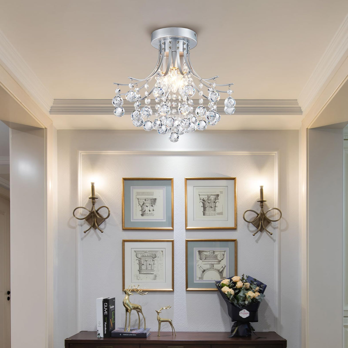 Bestier Modern Silver Crystal Semi-Flush Mount Chandelier Lighting Ceiling Light Fixture Lamp for Diningroom Bathroom Bedroom Livingroom 3 E12 Bulbs Required D13.5 inch X H11.6 inch Bestier