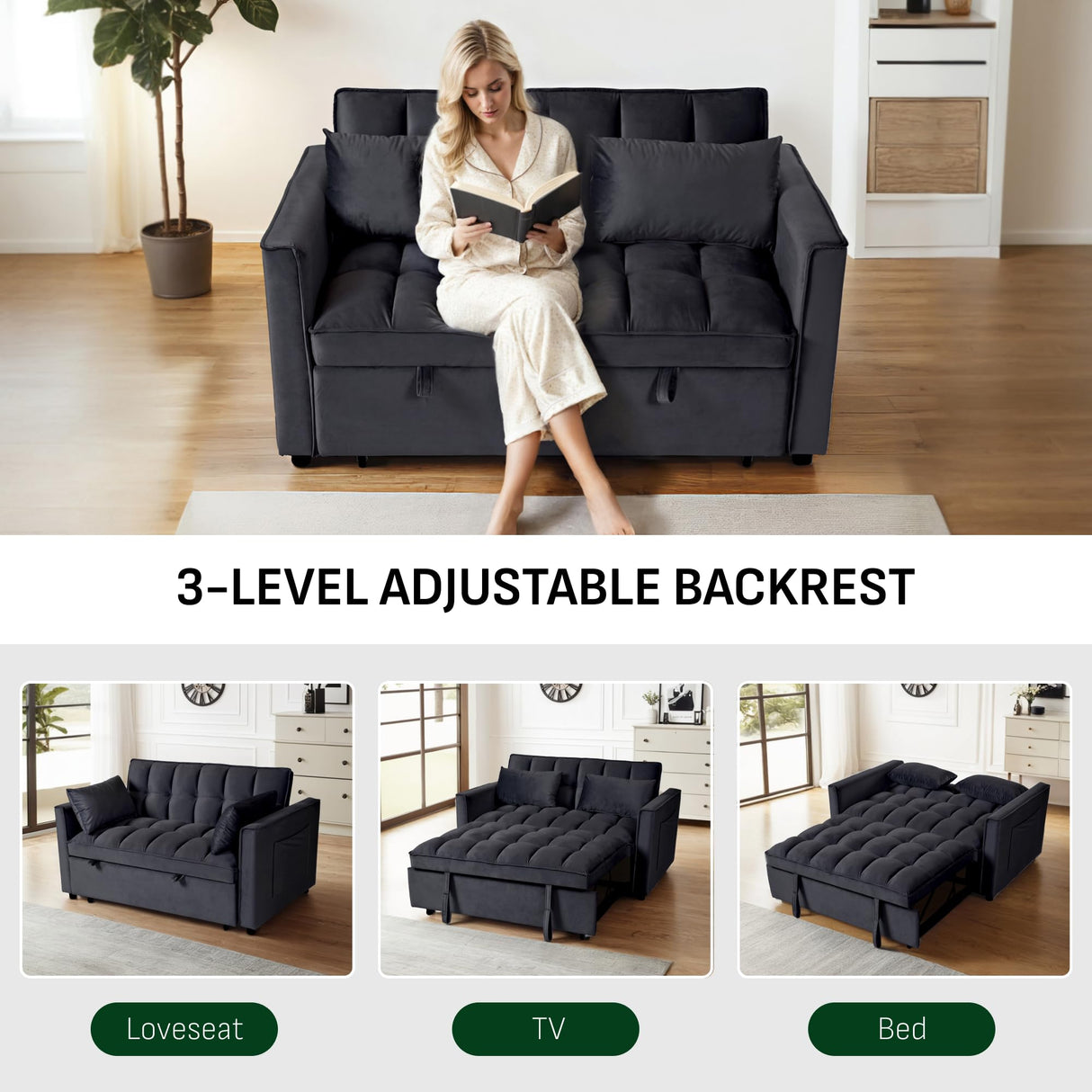 FLEXISPOT XCT4 Convertible Sofa Bed, 3-in-1 Loveseat Sofa Couch with Adjustable Backrest, Pull Out Couch with 2 Pillows & 2 Side Pockets, Futon Sleeper for Dorms Apartment Living Room, Black FLEXISPOT