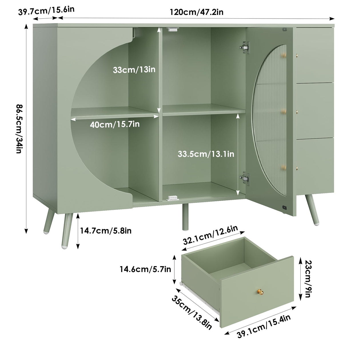 FACBOTALL Coffee Bar Cabinet with Fluted Glass Door, Modern Cream Style Buffets & Sideboards with Wine Glass Rack, Buffet Cabinet with Storage for Dining Room, Living Room, Green FACBOTALL