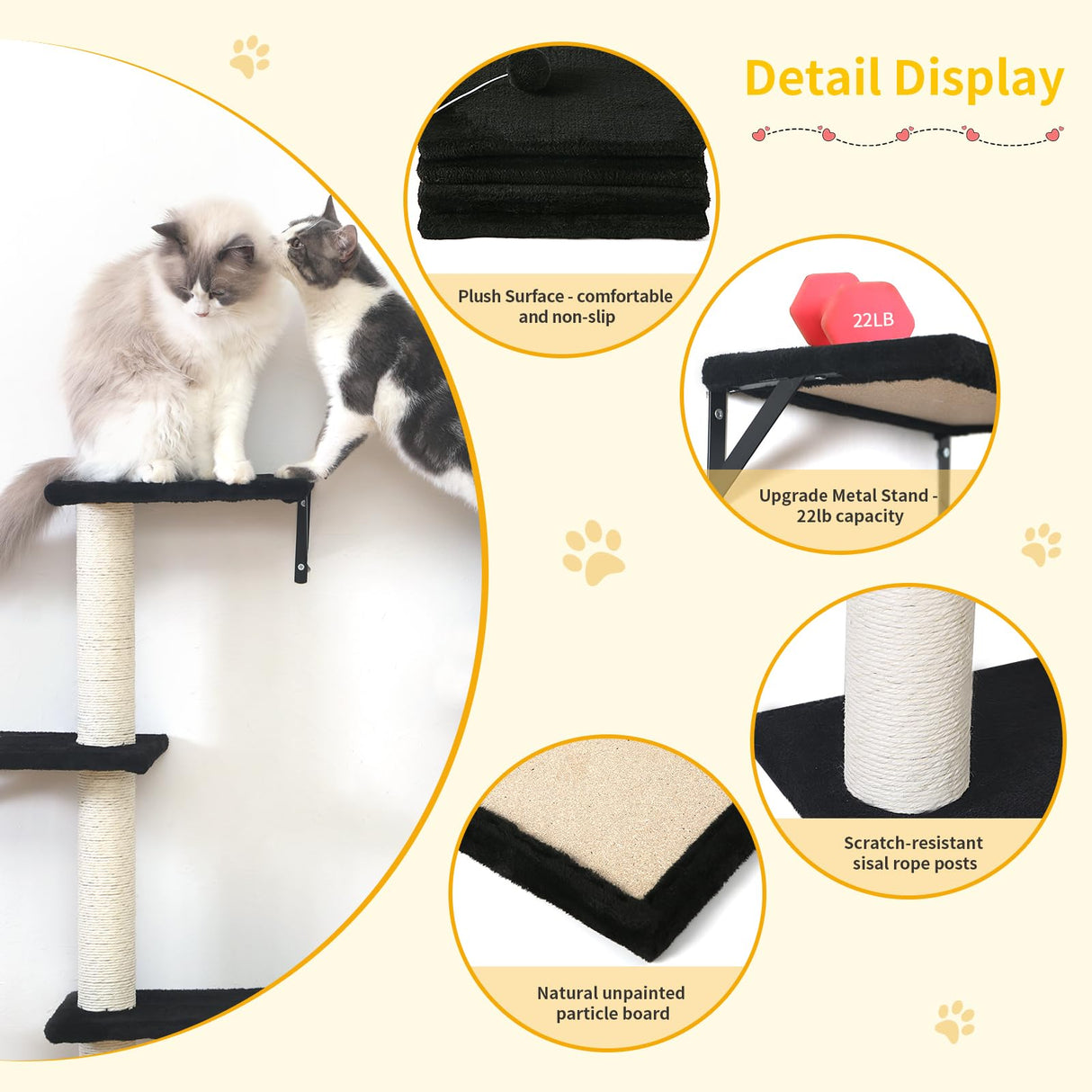 Modern Wall-Mounted Cat Furniture - 5pcs Cat Wall Shelves, Stable Wooden Cat Climber with Cat House, Bridge, Tree, Steps, and Scratcher - Black ESOTTE