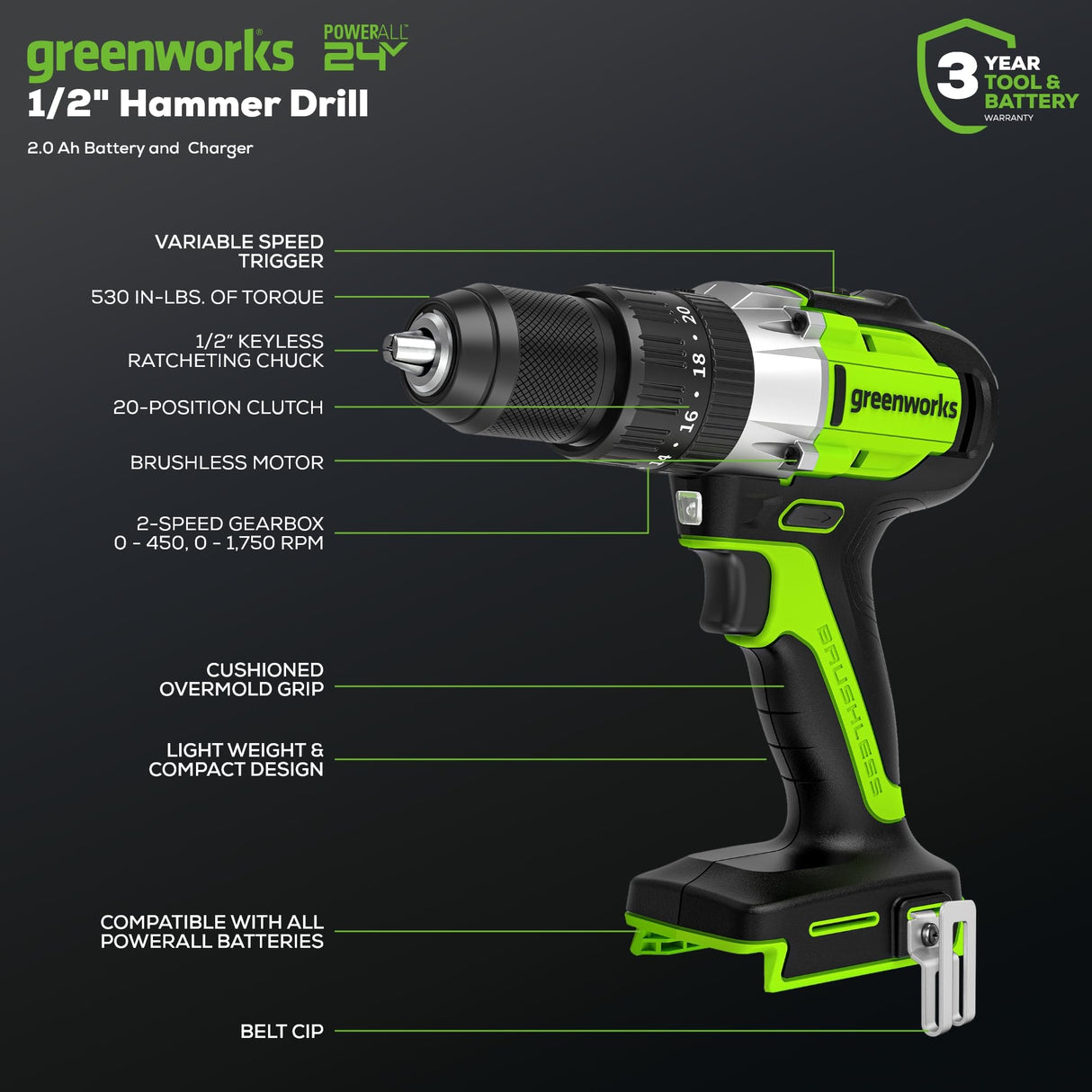 Greenworks 24V Brushless 1/2" Hammer Drill (530 in-lbs.) 2.0Ah Battery and Charger Included, DDG402 Greenworks