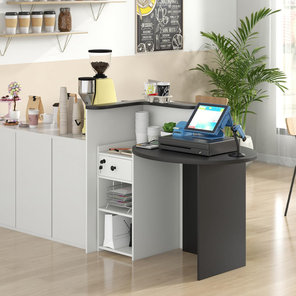 IFANNY Reception Desk, 48’’ Retail Counter w/Lockable Drawer & Storage Shelf, L-Shaped Reception Table, Wooden Computer Desk for Salon, Restaurant, Office (Black & White) IFANNY