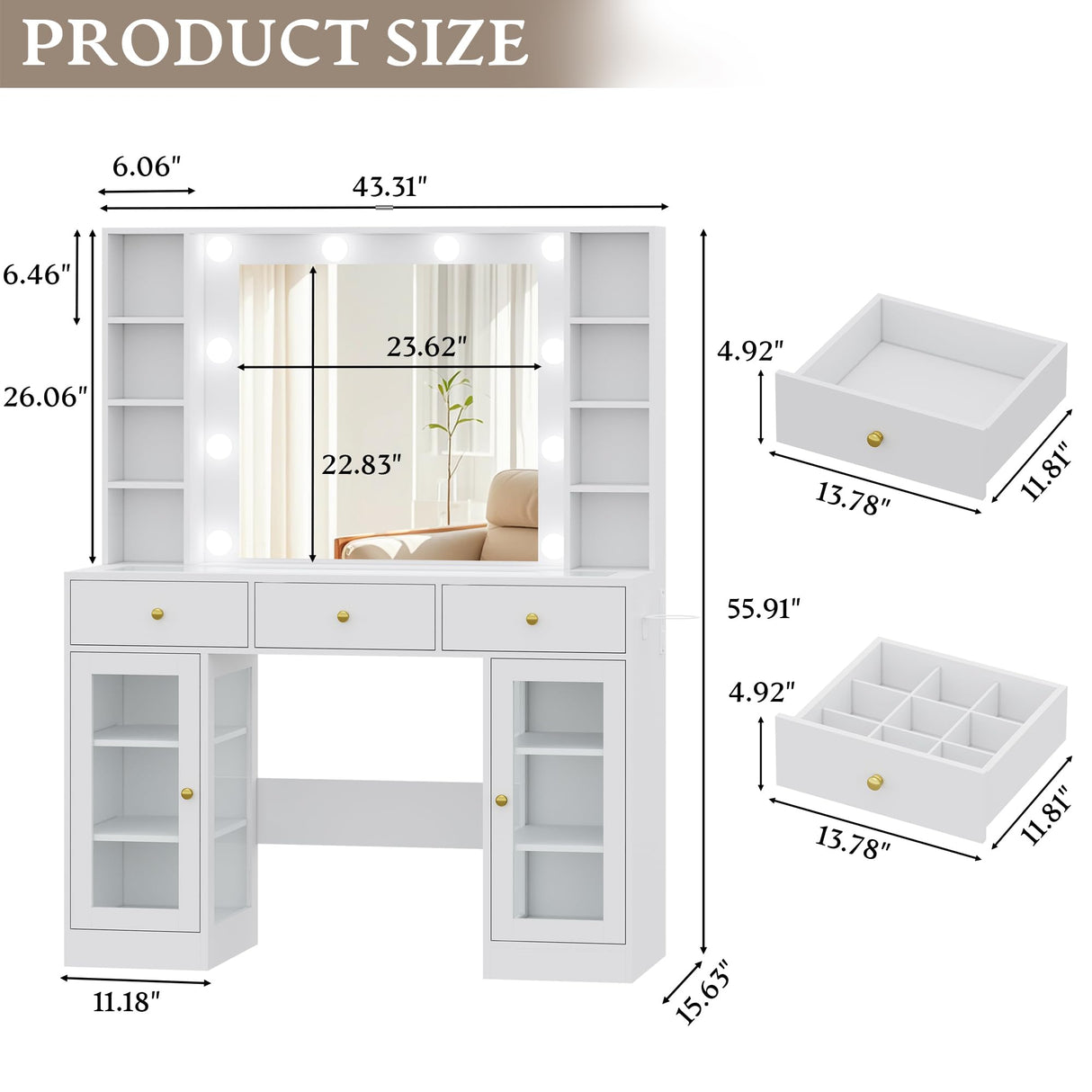 Wodeer Makeup Vanity Desk with Mirror and Lights, White Vanity with Glass Top, LED Lights & Power Outlet, 3 Drawers & 2 RGB Glass Cabinets, Adjustable Lighted Dressing Table for Women & Girls Bedroom Wodeer
