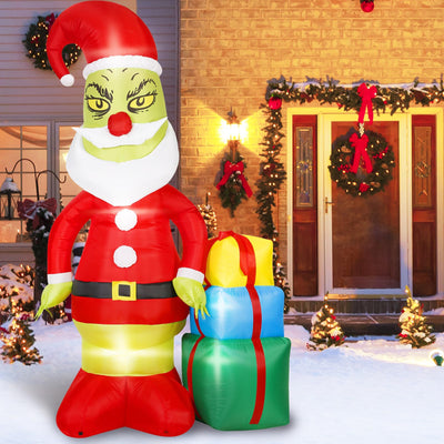 Christmas Green Big Monster Inflatable Decorations, 8FT Light Up Inflatable Christmas Outdoor Decoration Build-in 9 LED, Christma Blow up Green Big Monster Dressed as Santa Decor (Red+White)