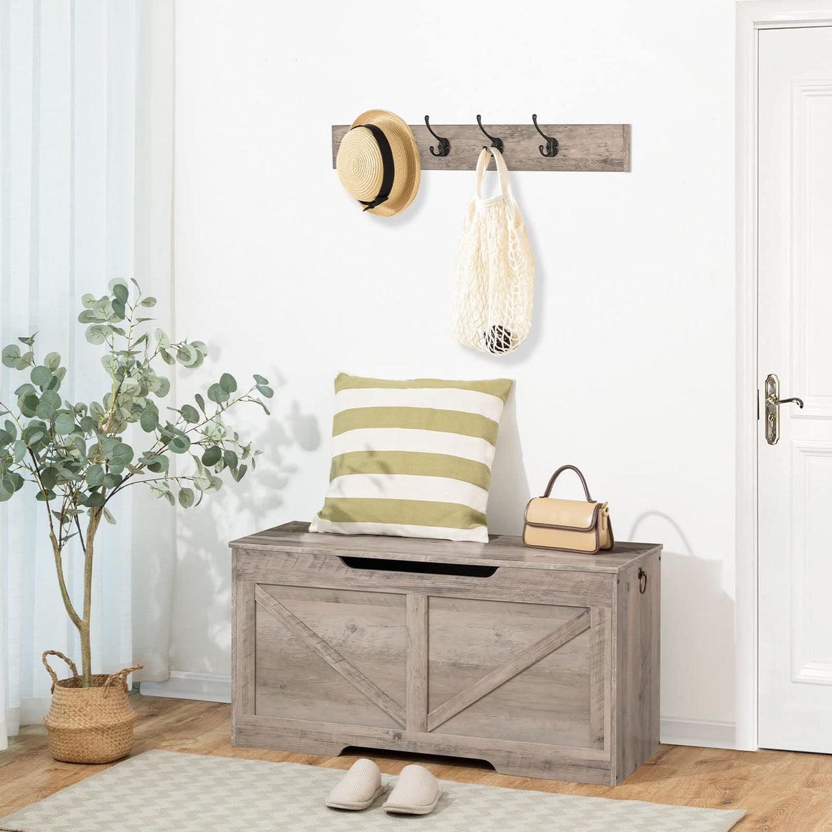 HOOBRO Storage Bench, 39.4” Retro Wooden Storage Chest with U-Shaped Cut-Out Pull, Safety Hinge, Supports 220 lb and Easy Assembly for Toy Box Organizer (Greige) BG771CW01 HOOBRO