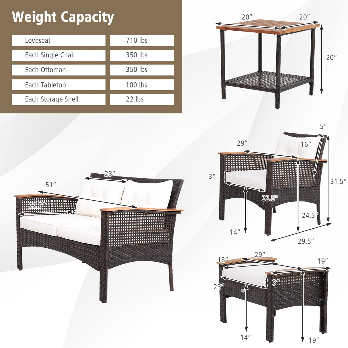 Tangkula 7 Piece Wicker Patio Furniture Set, Patiojoy Acacia Wood Patio Conversation Set with 2 Ottomans and 2 Storage Side Tables with Lower Shelf, Outdoor Cushioned Sectional Sofa Set (Off White) Tangkula