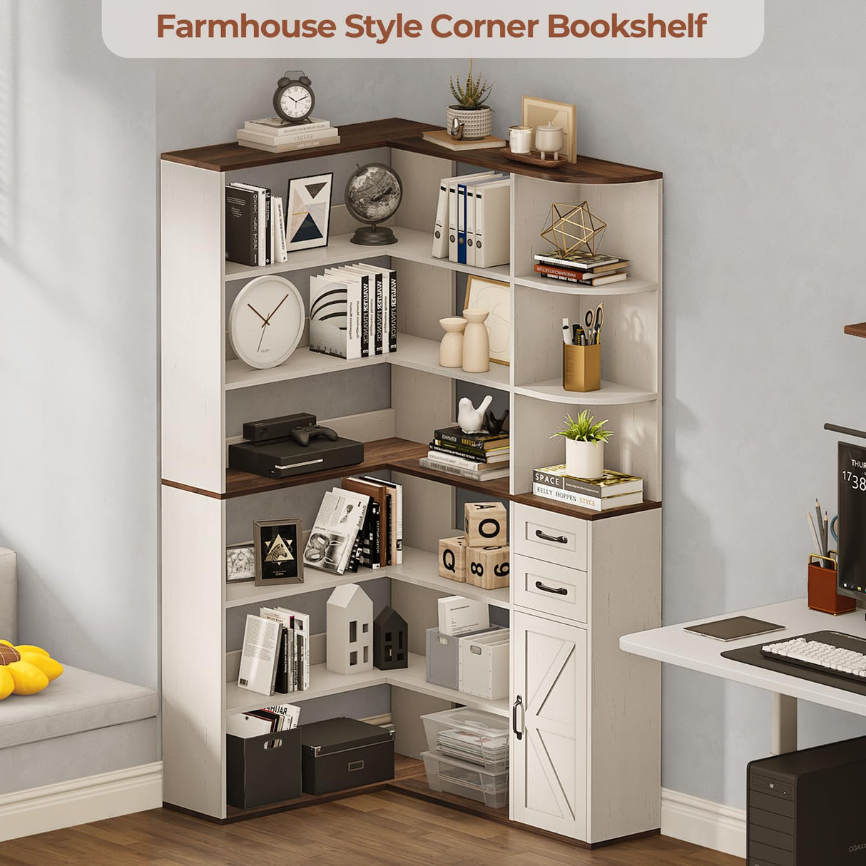 UPOSOJA 7-Shelf Farmhouse Corner Bookshelf with Lockers & Drawers, 71" L-Shaped Large Storage Shelf Display Rack for Bedroom, Living Room, Home Office (White Brown) UPOSOJA