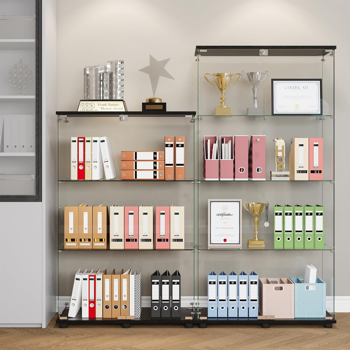 MODCART Glass Display Cabinet with 4-Shelf Double Doors and Lock, Curio Cabinet 5mm Tempered Glass Floor Standing Bookshelf for Living Room, Bedroom, Office, 64 x 31.7 x 14.3 in, Black MODCART