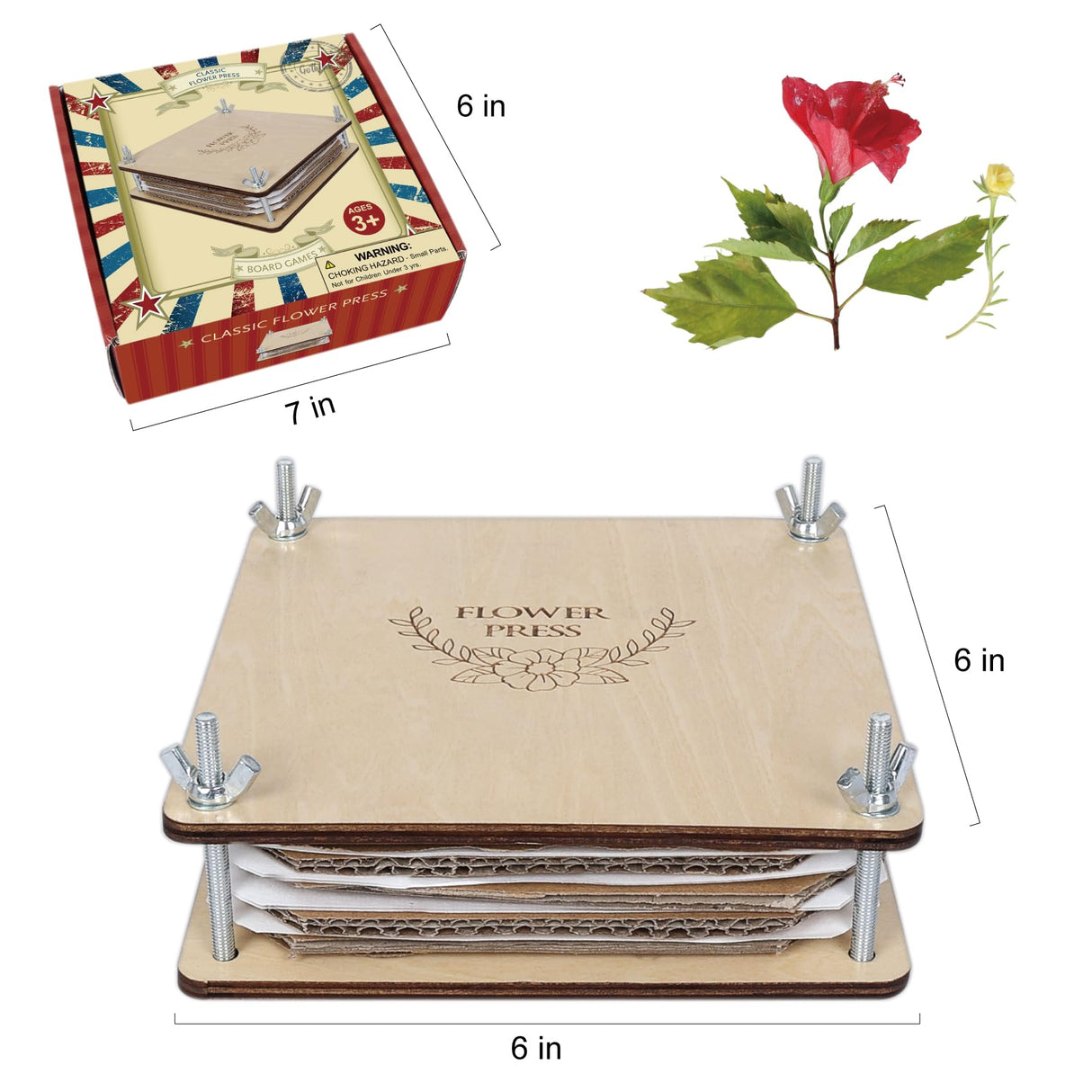 GOTHINK Flower Press Kit - 6 Layers 6 x 6 Inches, Easy to Use, DIY Dried and Preserved Flowers and Leaves, Plants Art & Crafts Wooden Flower Pressing Kit for Adults and Kids GOTHINK