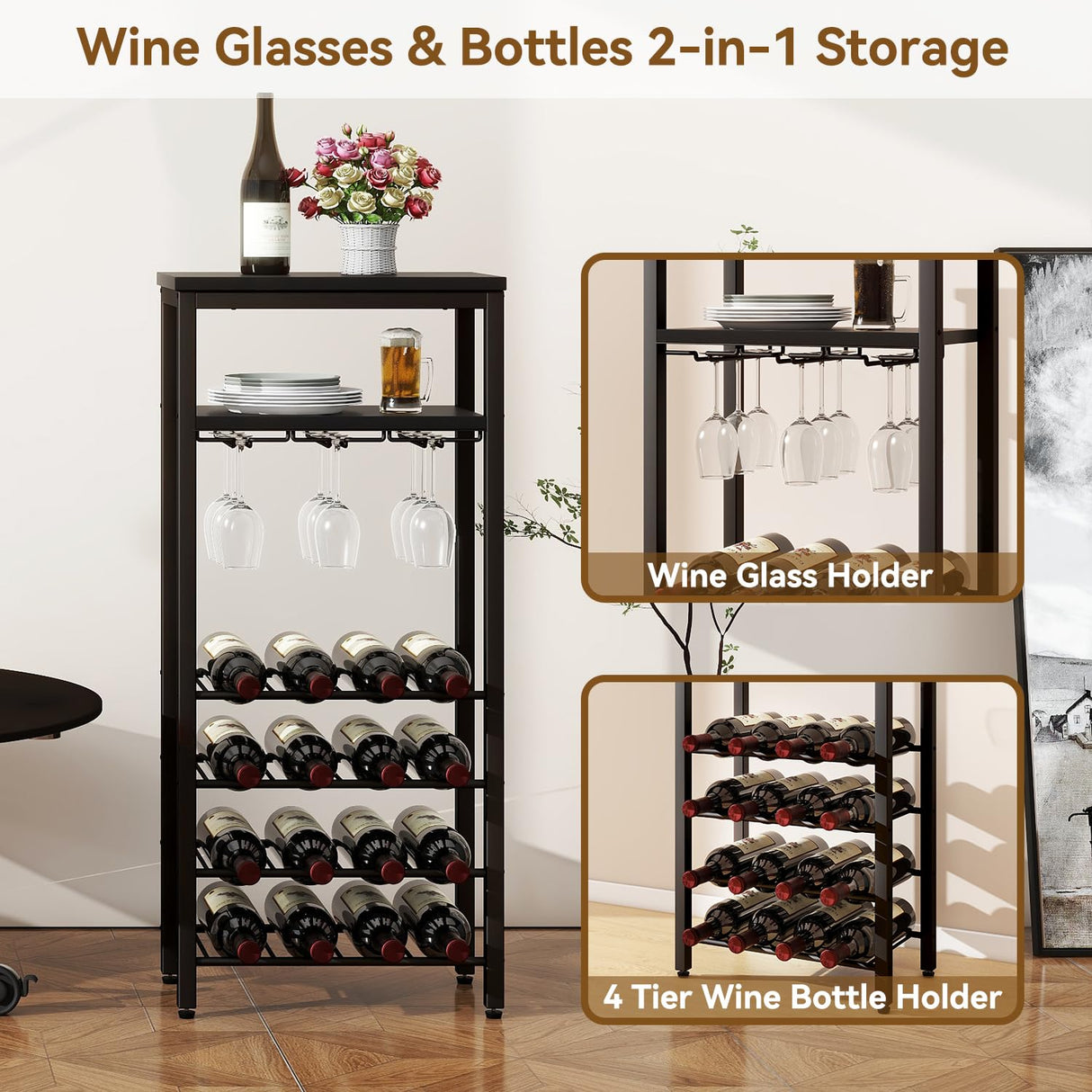 IBUYKE Wine Racks Freestanding Floor,Liquor Bottle Holder,16 Bottles Wine Cabinet with Glass Holder,Wine Holder Display,Mini Wine Bar Table for Living Room,Kitchen Pantry,Dining Room,Black UTMJ907B IBUYKE